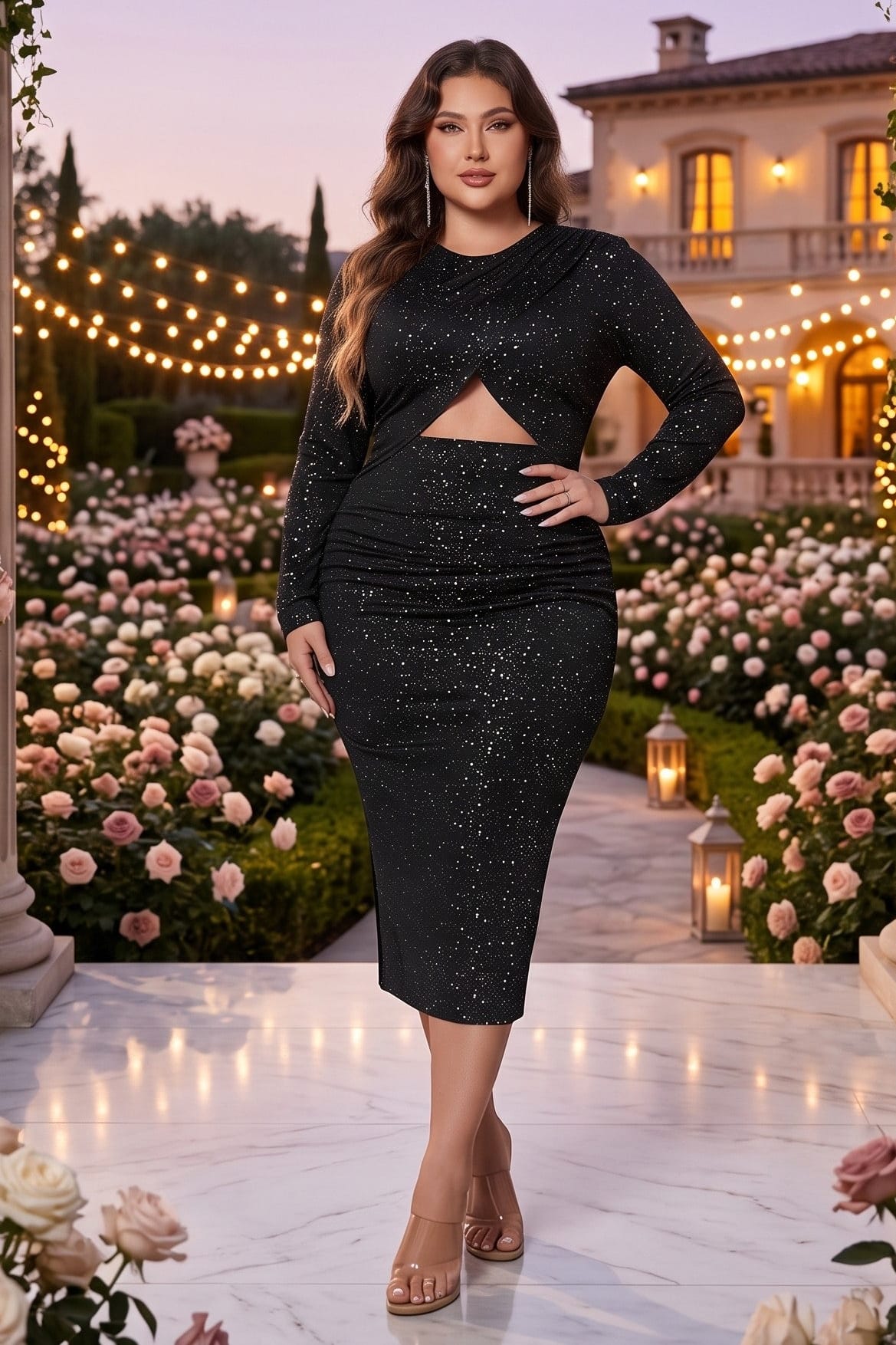 Trendsi Plus Size Black Sparkle Cutout Slit Round Neck Long Sleeve Evening Maxi Dress Plus Size Black Sparkle Evening Maxi Party Evening Dress Apparel & Accessories > Clothing > Dresses