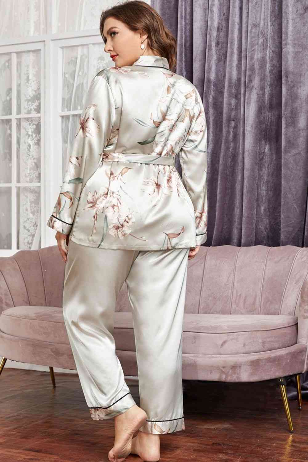Trendsi Plus Size Floral Belted Robe and Pants Pajama Set Apparel &amp; Accessories &gt; Clothing &gt; Dresses