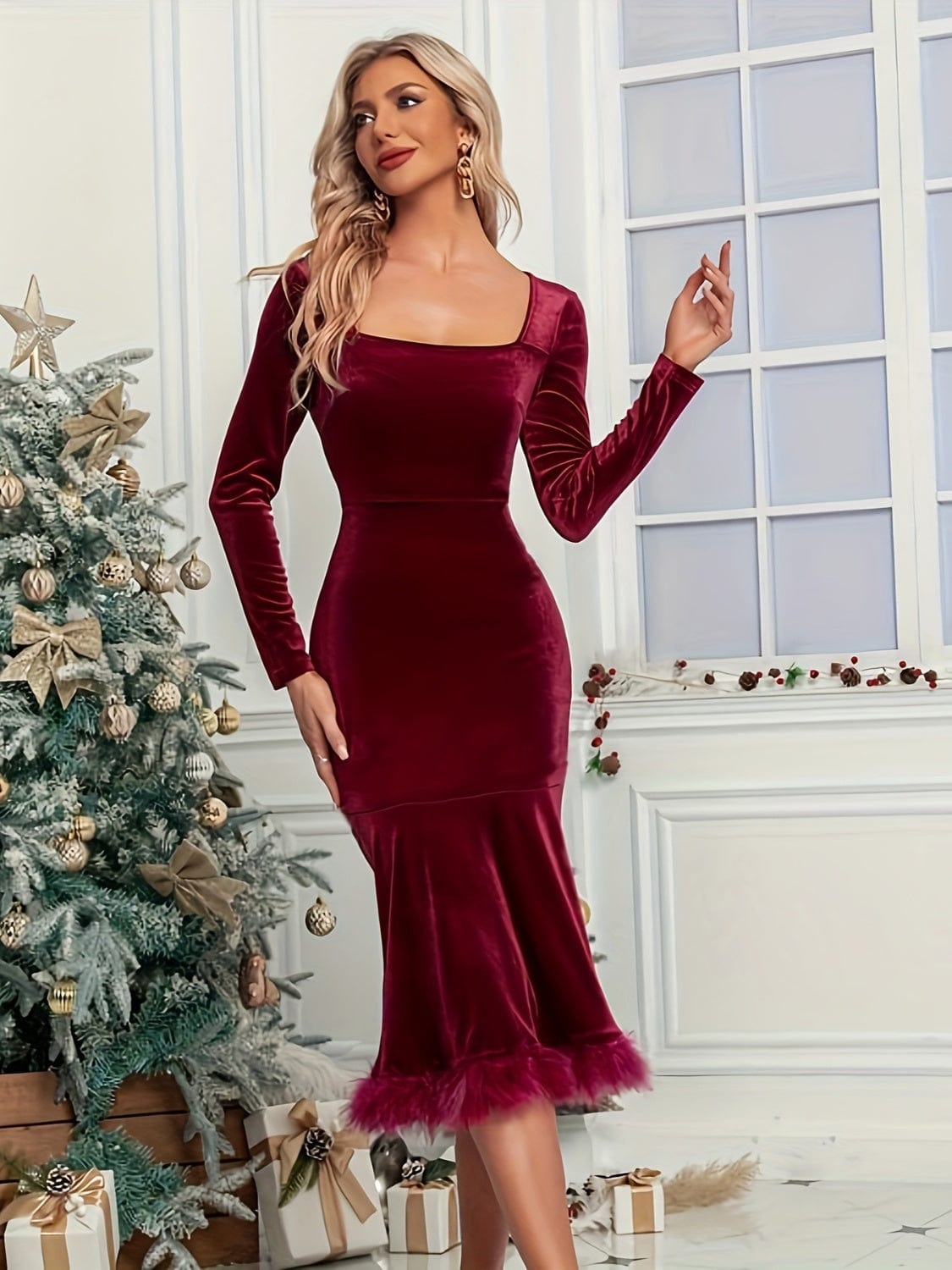 Trendsi Plush Hem Square Neck Long Sleeve Dress Plush Hem Square Neck Long Sleeve Dress Apparel &amp; Accessories &gt; Clothing &gt; Dresses