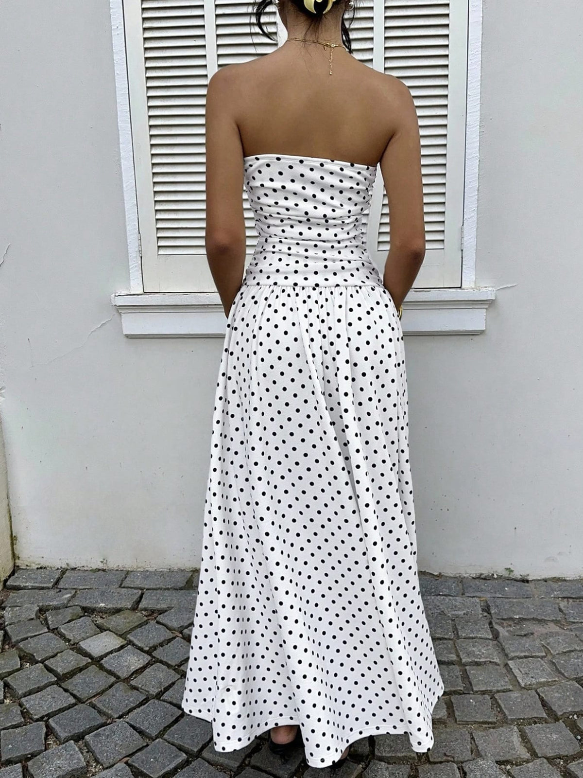 Trendsi Polka Dot Ruched Strapless Maxi Dress Polka Dot Ruched Strapless Maxi Dress Apparel & Accessories > Clothing > Dresses