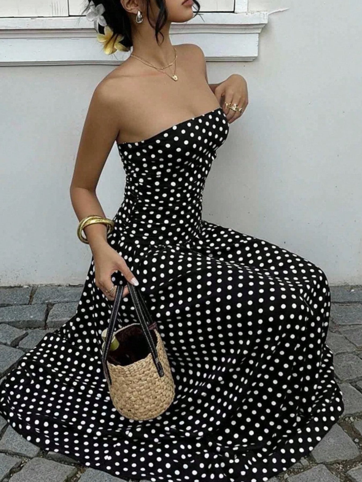 Trendsi Polka Dot Ruched Strapless Maxi Dress Polka Dot Ruched Strapless Maxi Dress Apparel & Accessories > Clothing > Dresses