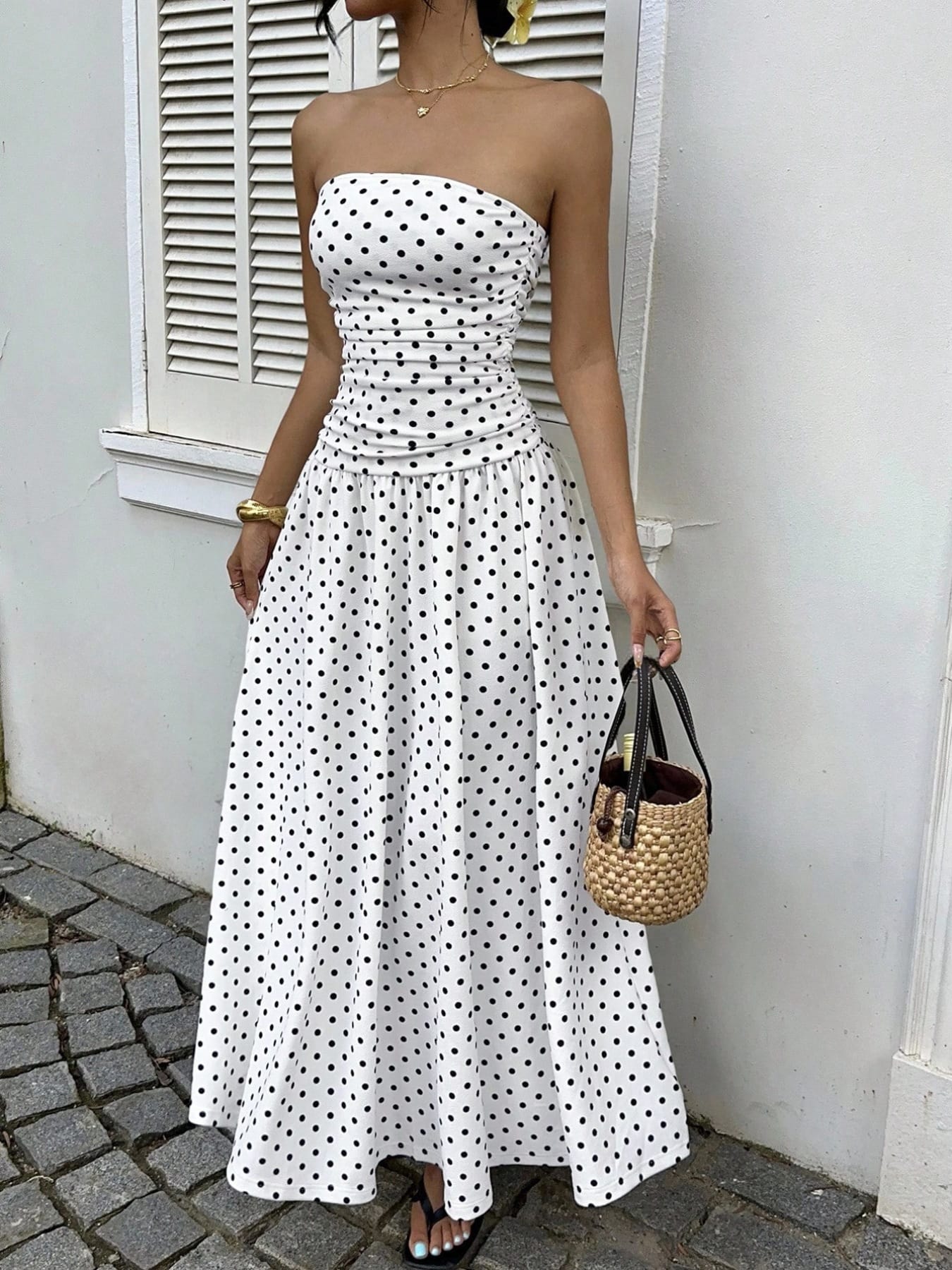 Trendsi Polka Dot Ruched Strapless Maxi Dress Polka Dot Ruched Strapless Maxi Dress Apparel & Accessories > Clothing > Dresses