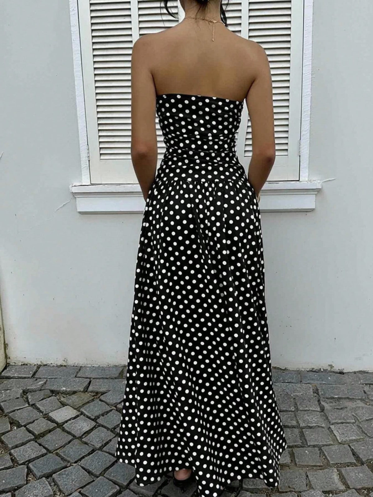 Trendsi Polka Dot Ruched Strapless Maxi Dress Polka Dot Ruched Strapless Maxi Dress Apparel & Accessories > Clothing > Dresses