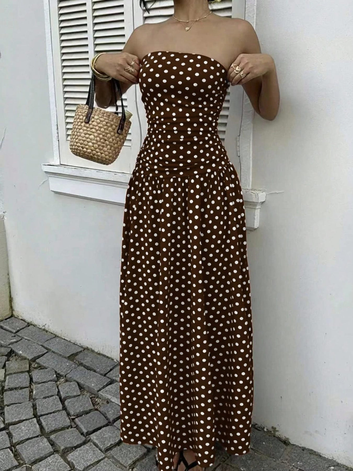 Trendsi Polka Dot Strapless Maxi Dress Polka Dot Strapless Maxi Dress Apparel & Accessories > Clothing > Dresses