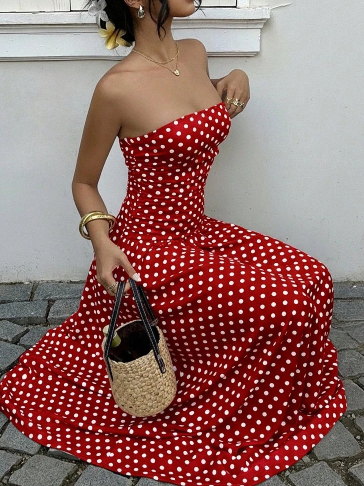 Trendsi Polka Dot Strapless Maxi Dress Polka Dot Strapless Maxi Dress Apparel & Accessories > Clothing > Dresses