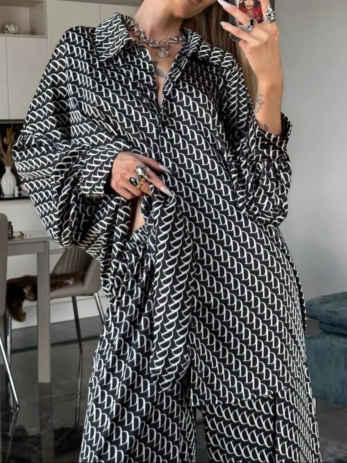 Trendsi Black / S Printed Button Up Shirt and Pants Set 100100135761988 Printed Button Up Shirt and Pants Set Apparel & Accessories > Clothing > Dresses