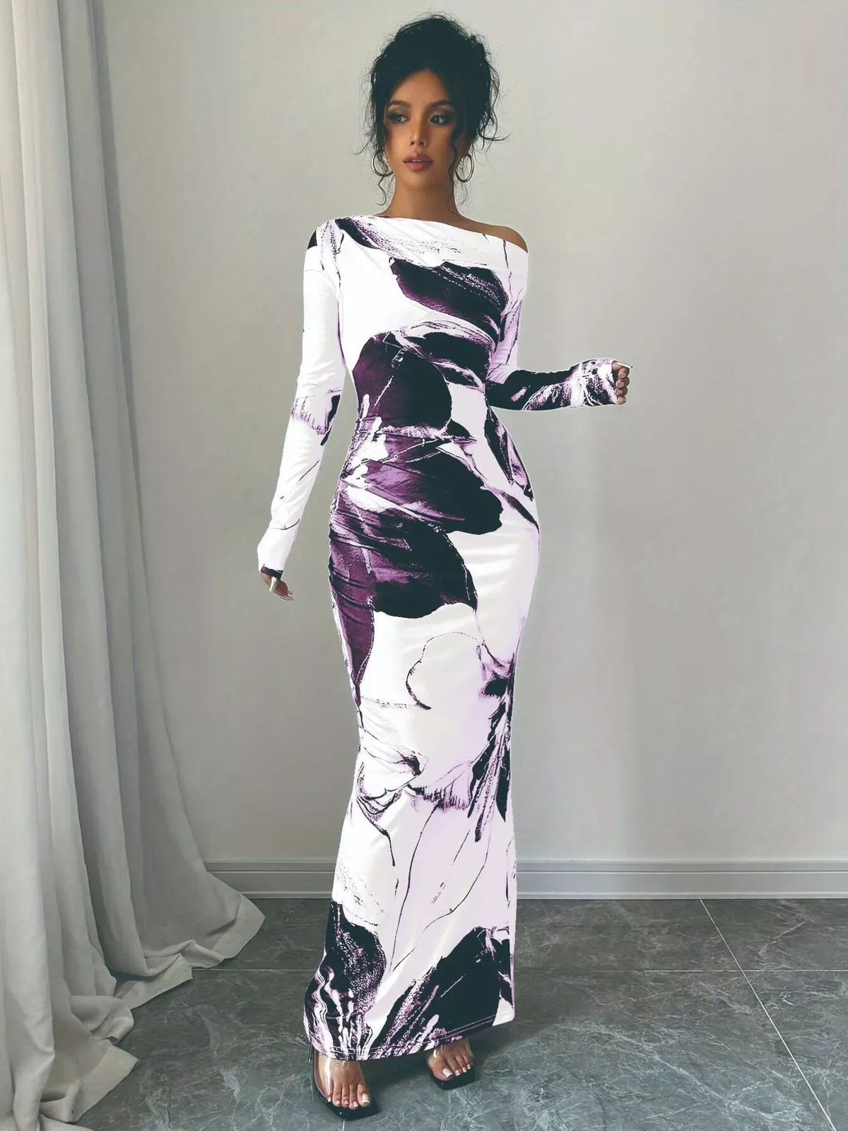 Trendsi Purple / S Floral One Shoulder Long Sleeve Maxi Dress 100100484236715 Floral One Shoulder Long Sleeve Maxi Dress Apparel & Accessories > Clothing > Dresses