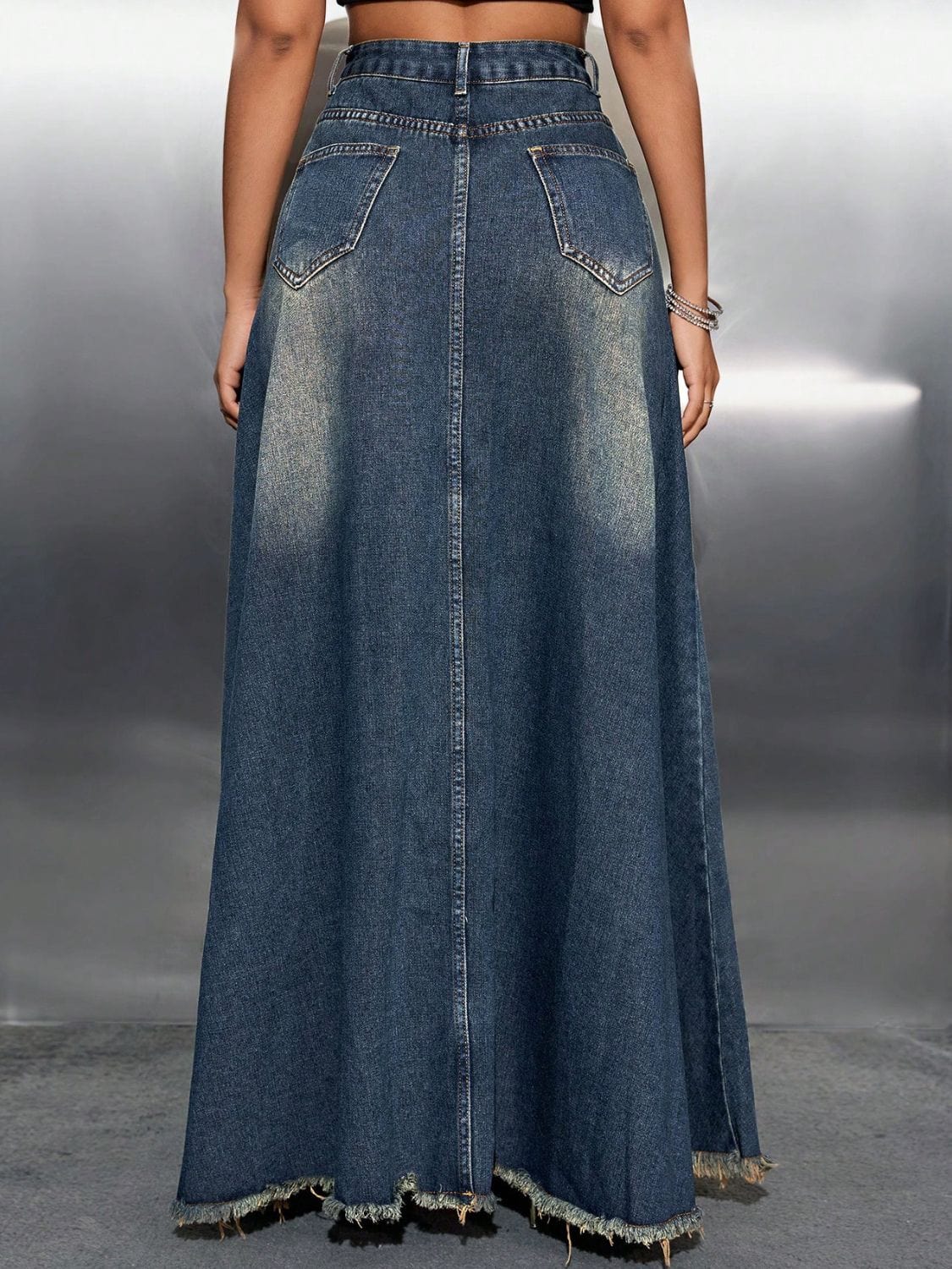 Trendsi Dark / S Raw Hem High Waist Faded-Look Denim Skirt with Pockets 100100597301587 Apparel & Accessories > Clothing > Dresses