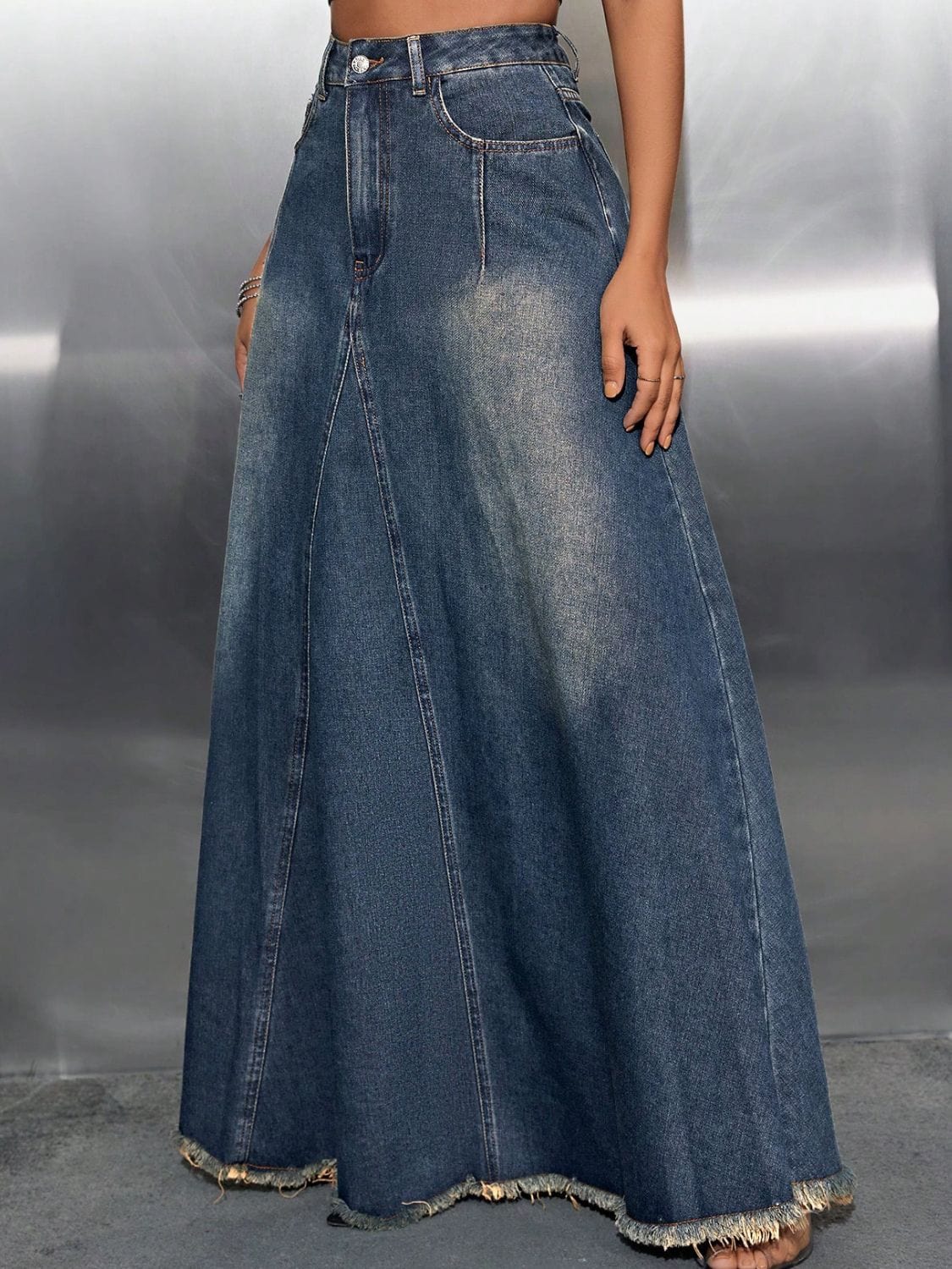 Trendsi Raw Hem High Waist Faded-Look Denim Skirt with Pockets Apparel &amp; Accessories &gt; Clothing &gt; Dresses