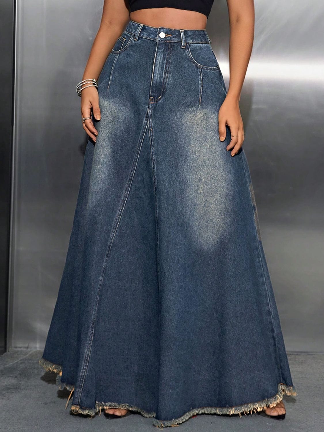 Trendsi Raw Hem High Waist Faded-Look Denim Skirt with Pockets Apparel &amp; Accessories &gt; Clothing &gt; Dresses