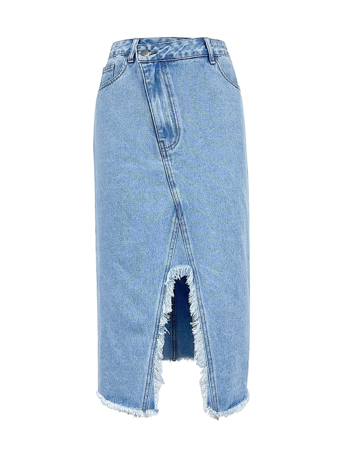 Trendsi Raw Hem Slit Midi Denim Skirt Raw Hem Slit Midi Denim Skirt Apparel &amp; Accessories &gt; Clothing &gt; Dresses