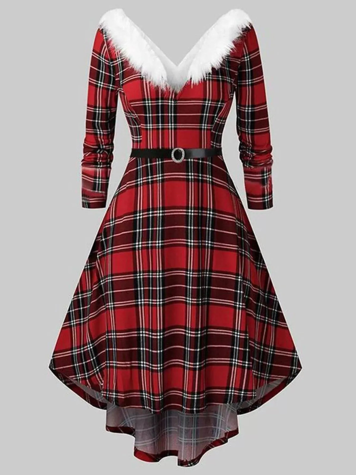 Trendsi Red Plaid / M Fuzzy Trim Long Sleeve Christmas Dress 100100402945216 Fuzzy Trim Long Sleeve Christmas Dress Apparel & Accessories > Clothing > Dresses