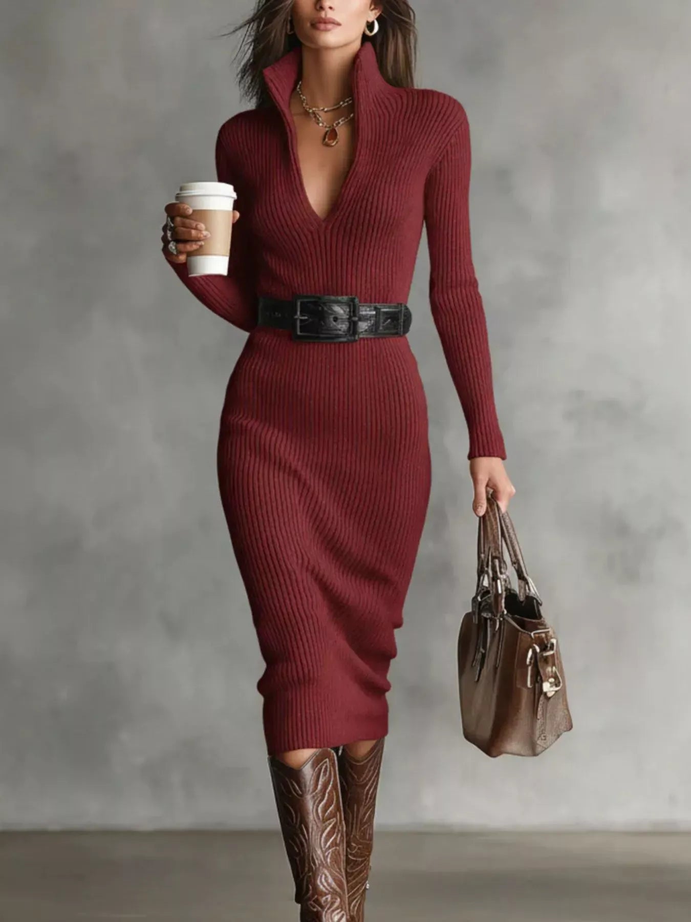 Trendsi Red / S Full Size Ribbed Knit Turtleneck Sweater Dress Plus Size 100100487923258 Full Size Ribbed Knit Turtleneck Sweater Dress Plus Size Apparel & Accessories > Clothing > Dresses