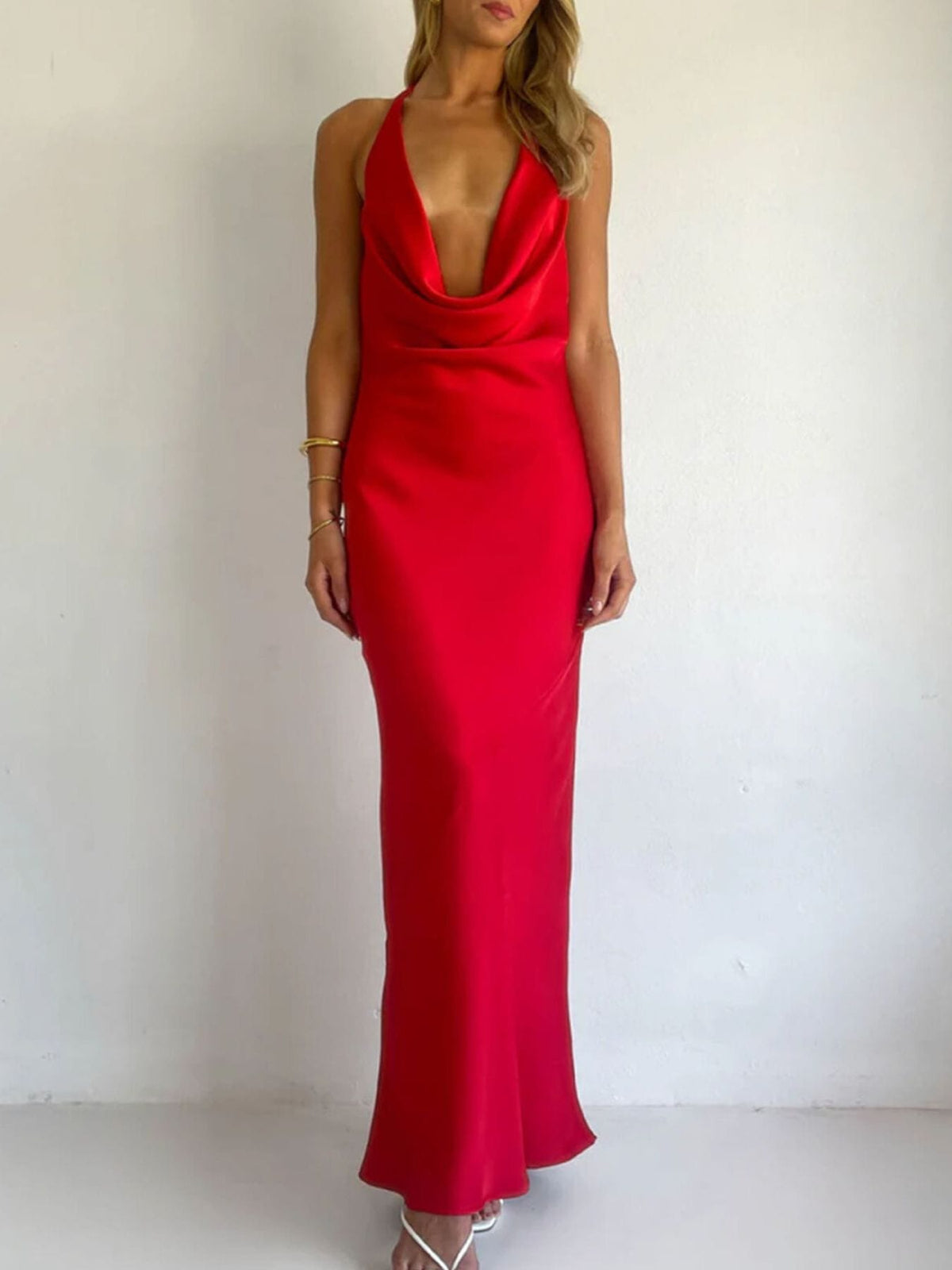 Trendsi Red / S Halter Neck Satin Maxi Dress 100100325037704 Halter Neck Satin Maxi Dress Apparel & Accessories > Clothing > Dresses