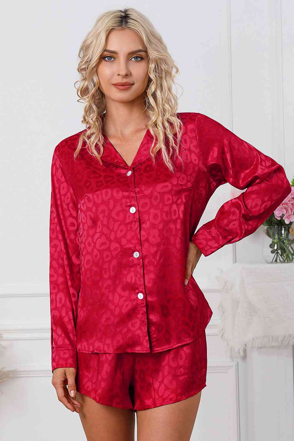 Trendsi Red / S Long Sleeve Shirt and Shorts Lounge Set 101100784922247 Apparel &amp; Accessories &gt; Clothing &gt; Dresses