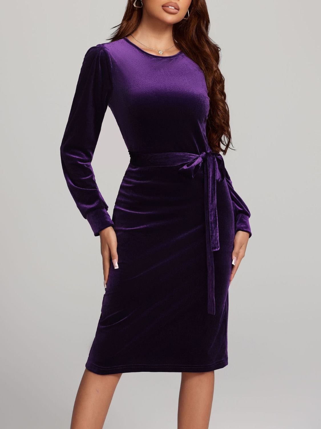 Trendsi Round Neck Tie Waist Long Sleeve Velvet Dress Round Neck Tie Waist Long Sleeve Velvet Dress Apparel &amp; Accessories &gt; Clothing &gt; Dresses