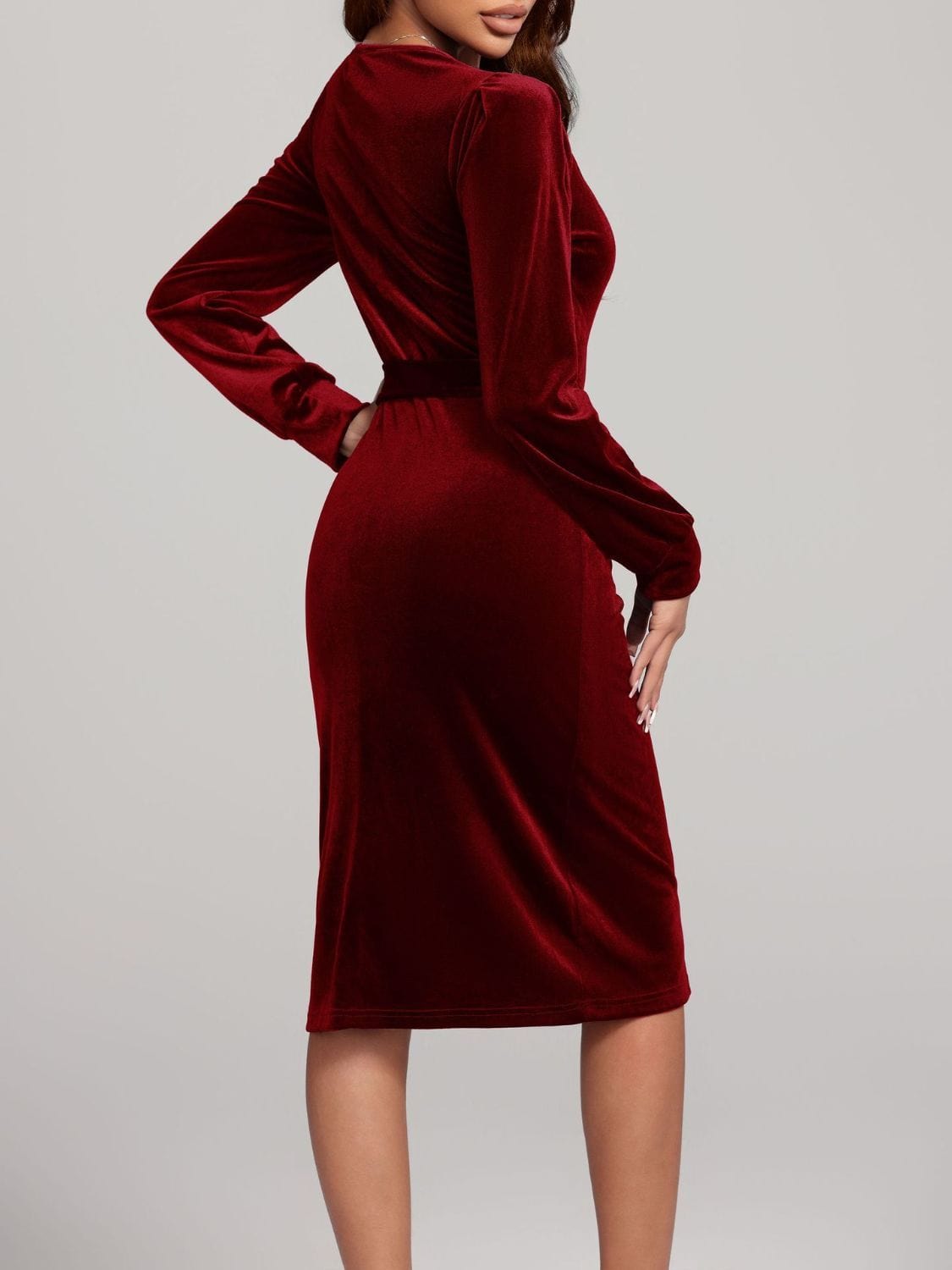 Trendsi Round Neck Tie Waist Long Sleeve Velvet Dress Round Neck Tie Waist Long Sleeve Velvet Dress Apparel &amp; Accessories &gt; Clothing &gt; Dresses