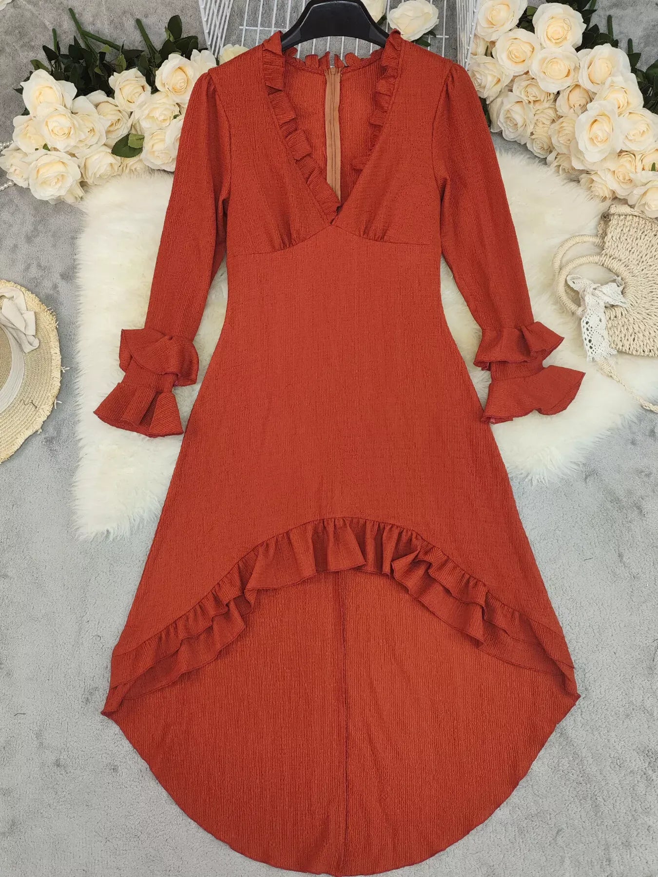 Trendsi Orange-Red / S Ruffled High-Low Long Sleeve Dress 100100373563979 Ruffled High-Low Long Sleeve Dress Apparel & Accessories > Clothing > Dresses
