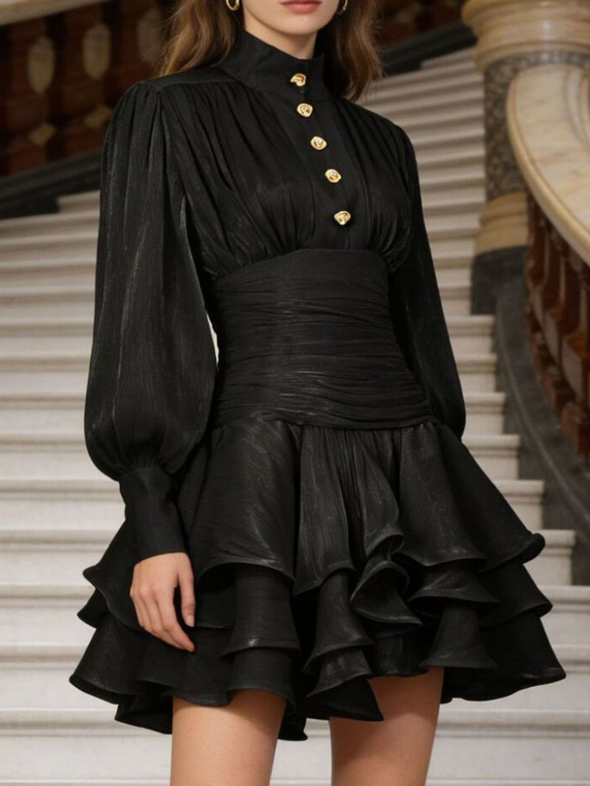 Trendsi Ruffled Layered Lantern Sleeve Mini Dress Ruffled Layered Lantern Sleeve Mini Dress Apparel & Accessories > Clothing > Dresses