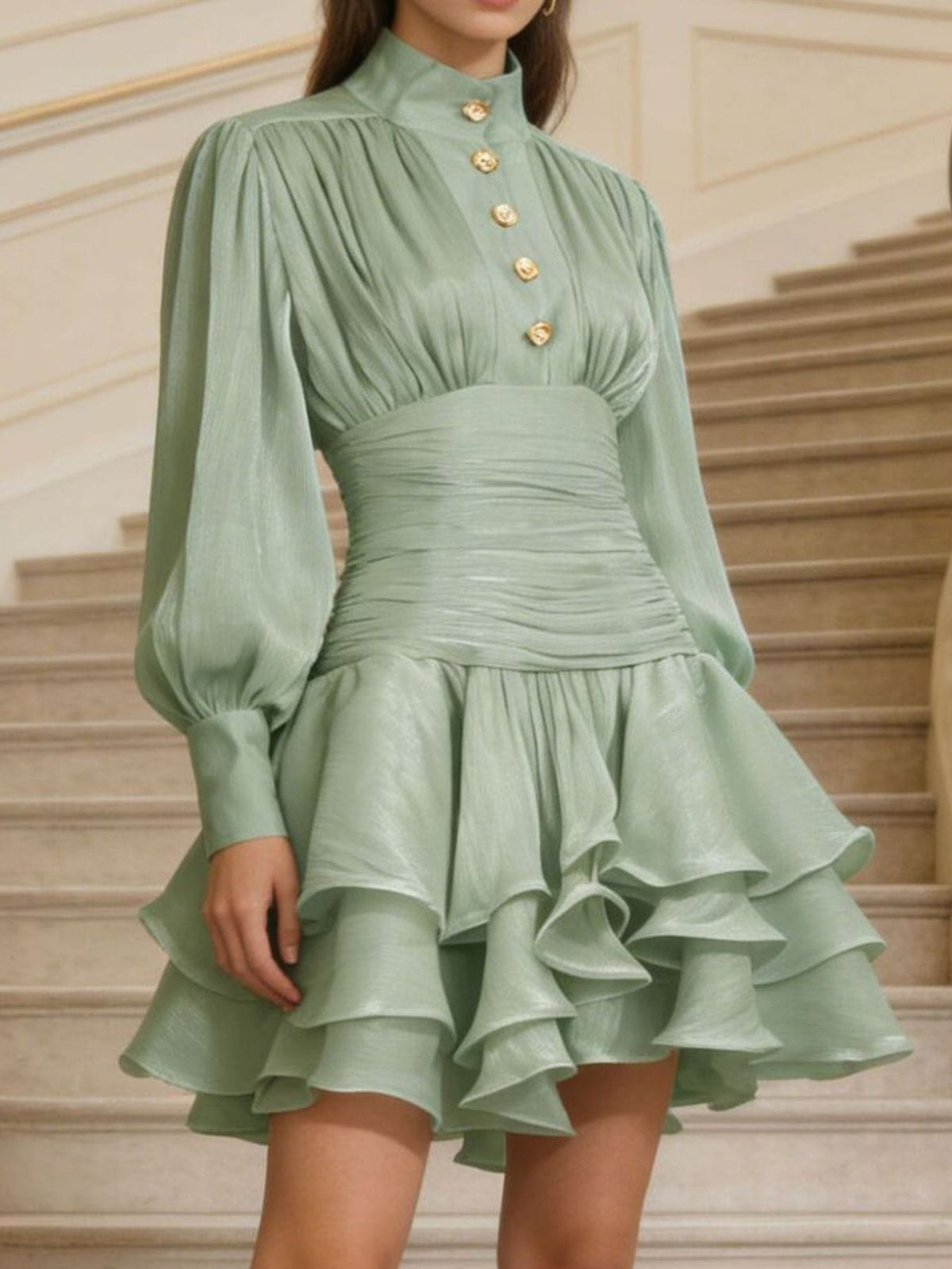 Trendsi Ruffled Layered Lantern Sleeve Mini Dress Ruffled Layered Lantern Sleeve Mini Dress Apparel & Accessories > Clothing > Dresses