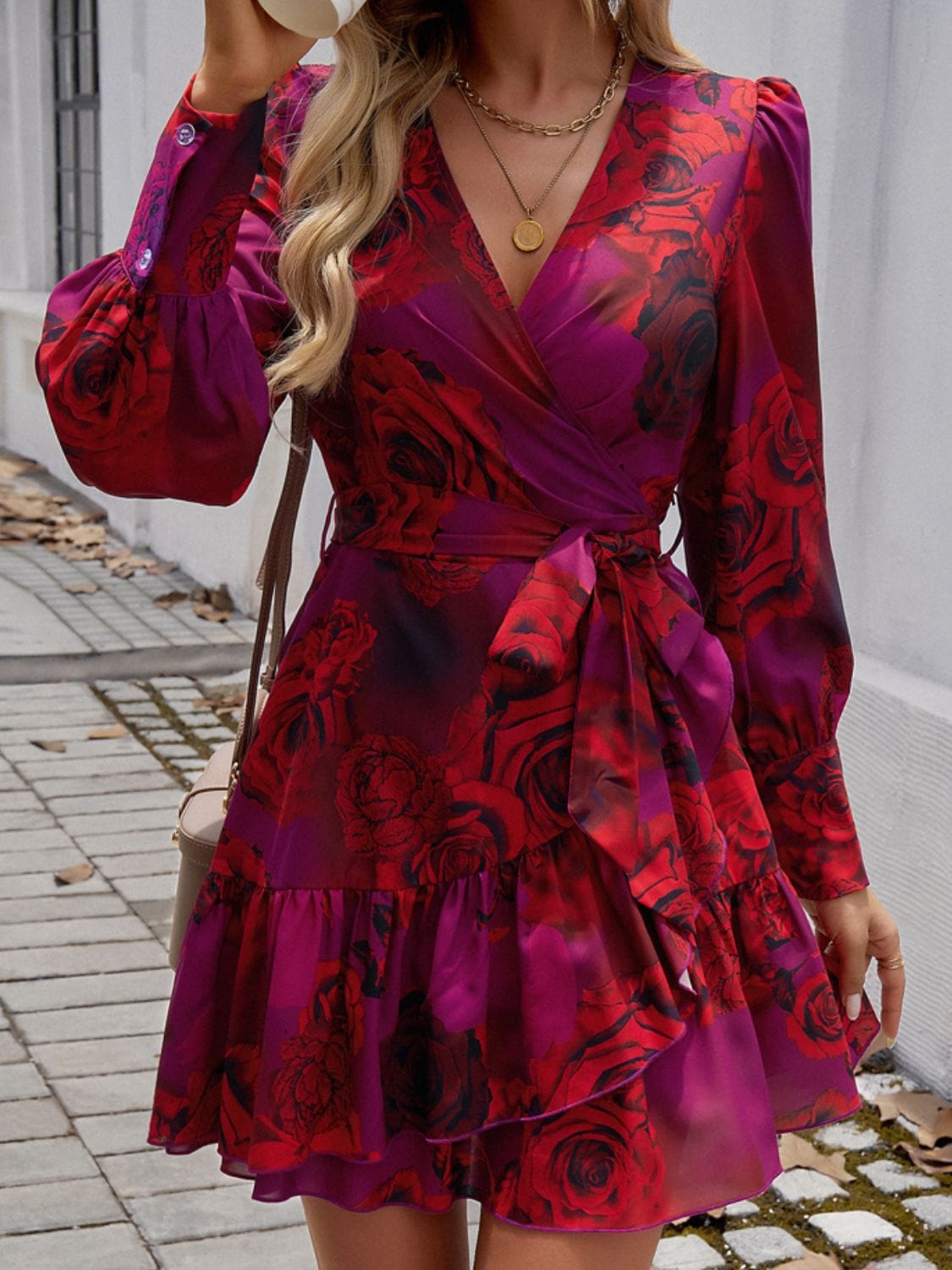 Trendsi Scarlet / S Devine Ruffled Printed Surplice Long Sleeve Mini Dress 100100893339794 Red Pink Blue Print Ruffled Surplice Long Sleeve Mini Dress Apparel &amp; Accessories &gt; Clothing &gt; Dresses