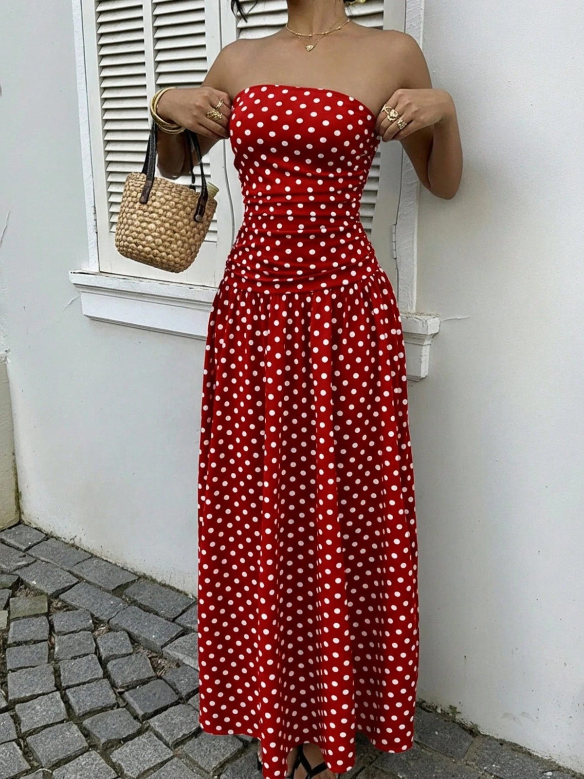 Trendsi Scarlet / S Polka Dot Strapless Maxi Dress 100100020937955 Polka Dot Strapless Maxi Dress Apparel & Accessories > Clothing > Dresses