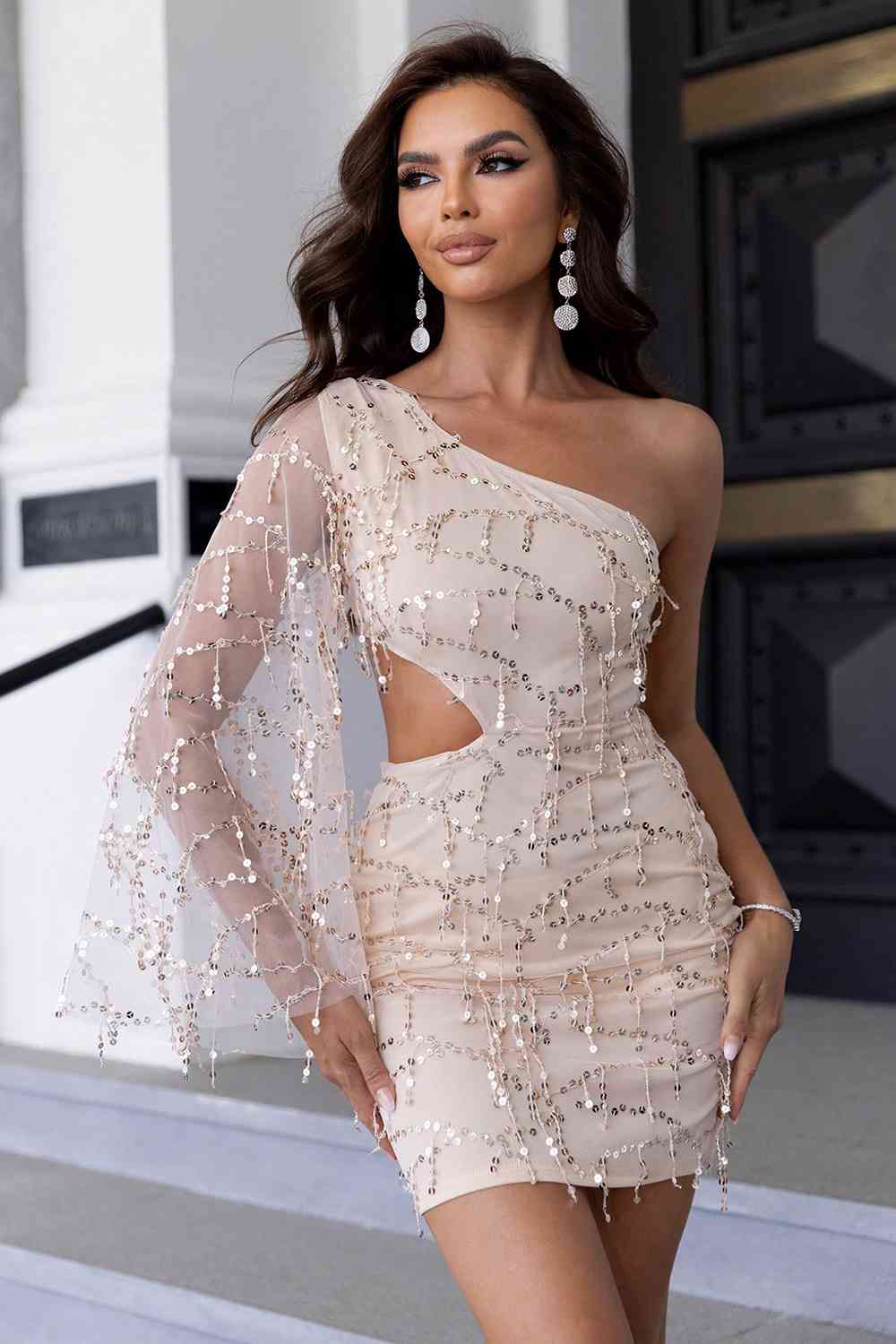 Trendsi Sequin Cutout One-Shoulder Dress Apparel &amp; Accessories &gt; Clothing &gt; Dresses