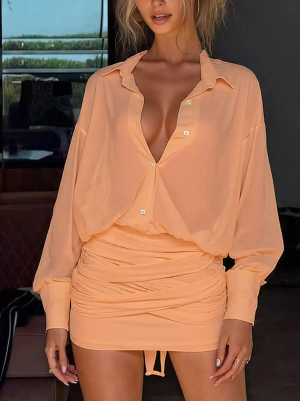 Trendsi Sheer Button-Down Mini Shirt Dress with Back Tie Sheer Button-Down Mini Shirt Dress with Back Tie Apparel & Accessories > Clothing > Dresses
