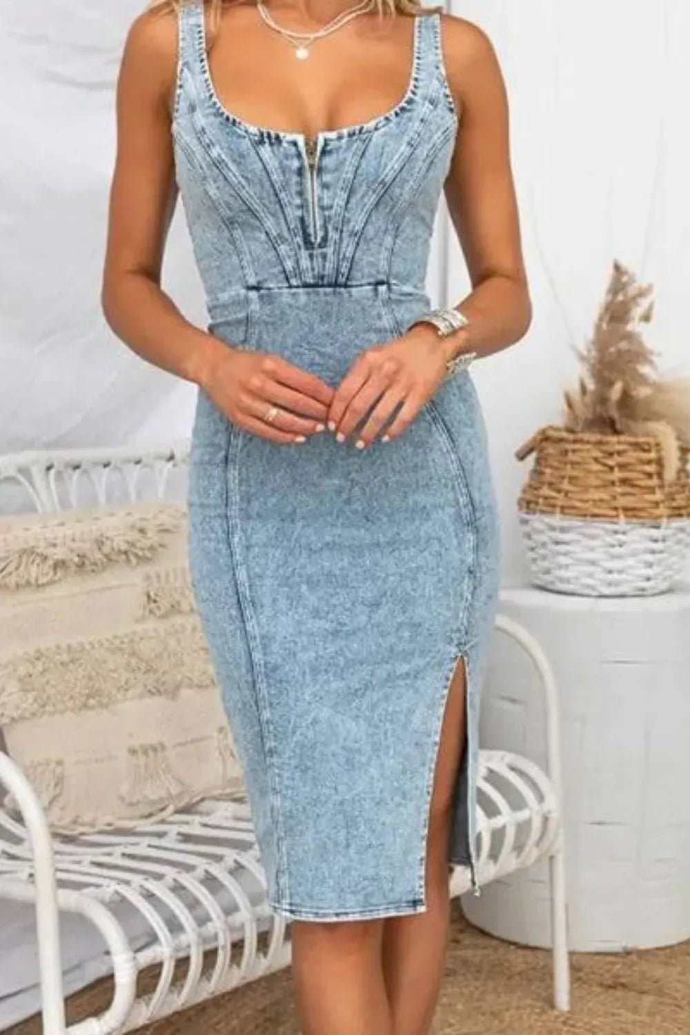 Trendsi Side Slit Washed Scoop Neck Denim Dress Side Slit Washed Scoop Neck Denim Dress Apparel & Accessories > Clothing > Dresses