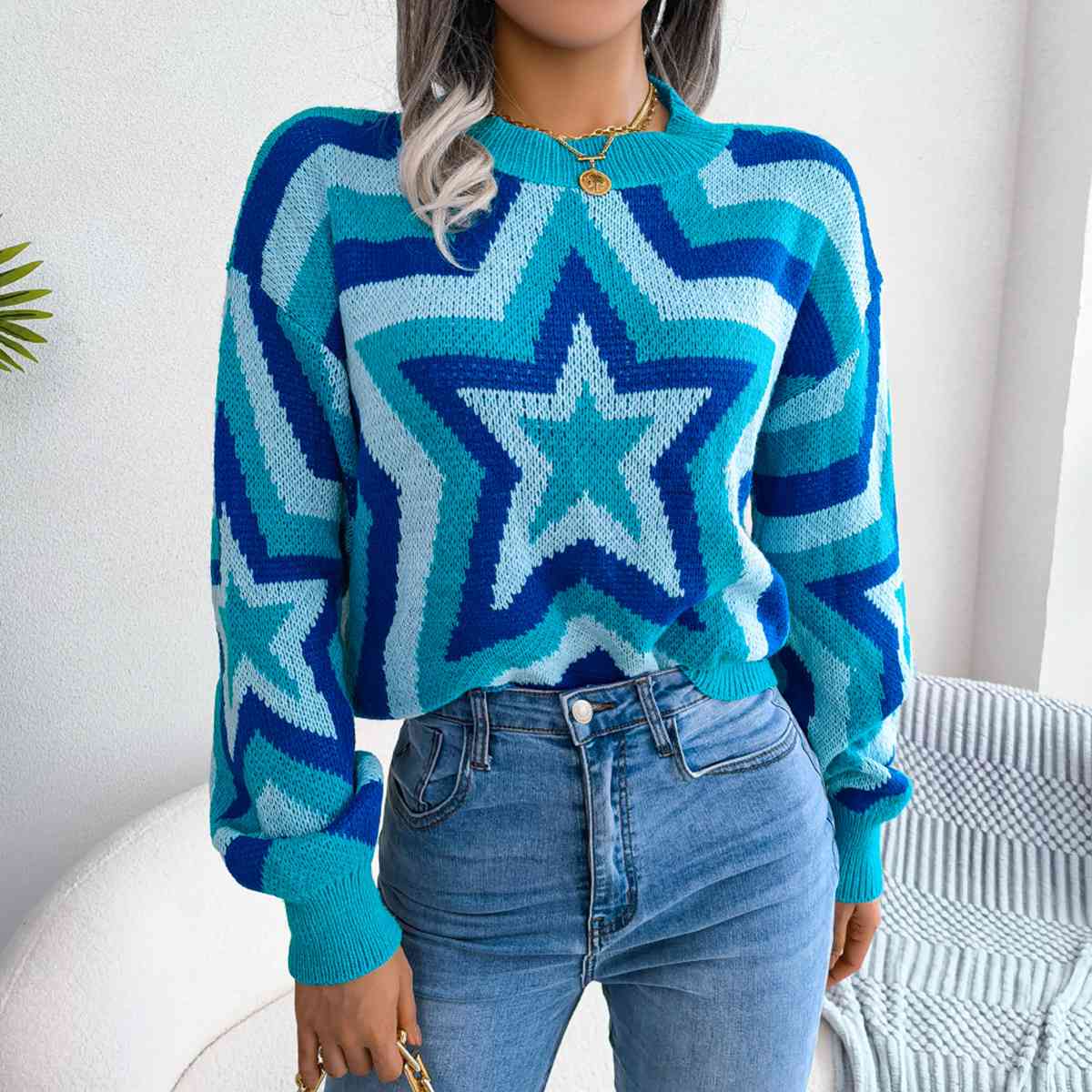 Trendsi Sky Blue / S Star Round Neck Sweater 100100251227339 Apparel &amp; Accessories &gt; Clothing &gt; Dresses