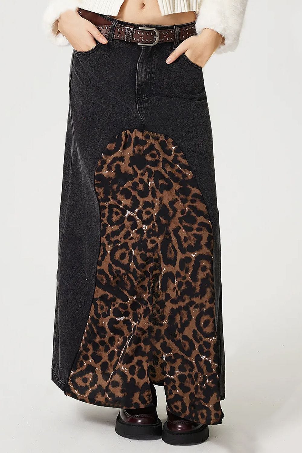 Trendsi Slit Leopard Midi Denim Skirt Slit Leopard Midi Denim Skirt Apparel &amp; Accessories &gt; Clothing &gt; Dresses