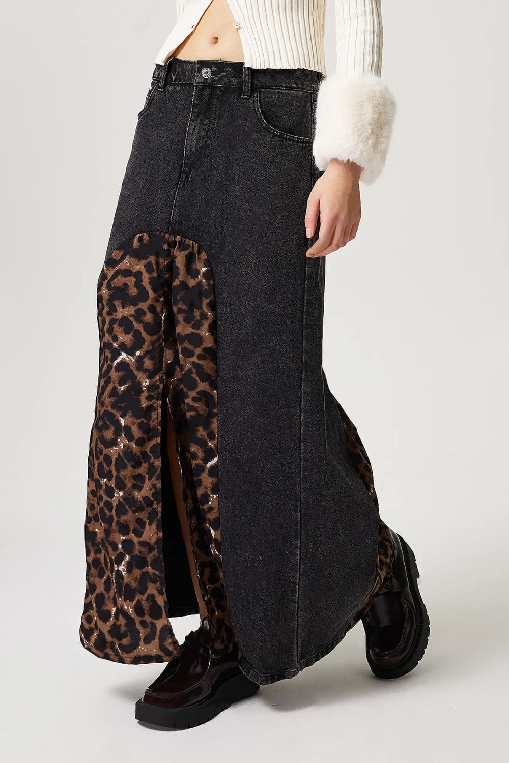 Trendsi Slit Leopard Midi Denim Skirt Slit Leopard Midi Denim Skirt Apparel &amp; Accessories &gt; Clothing &gt; Dresses