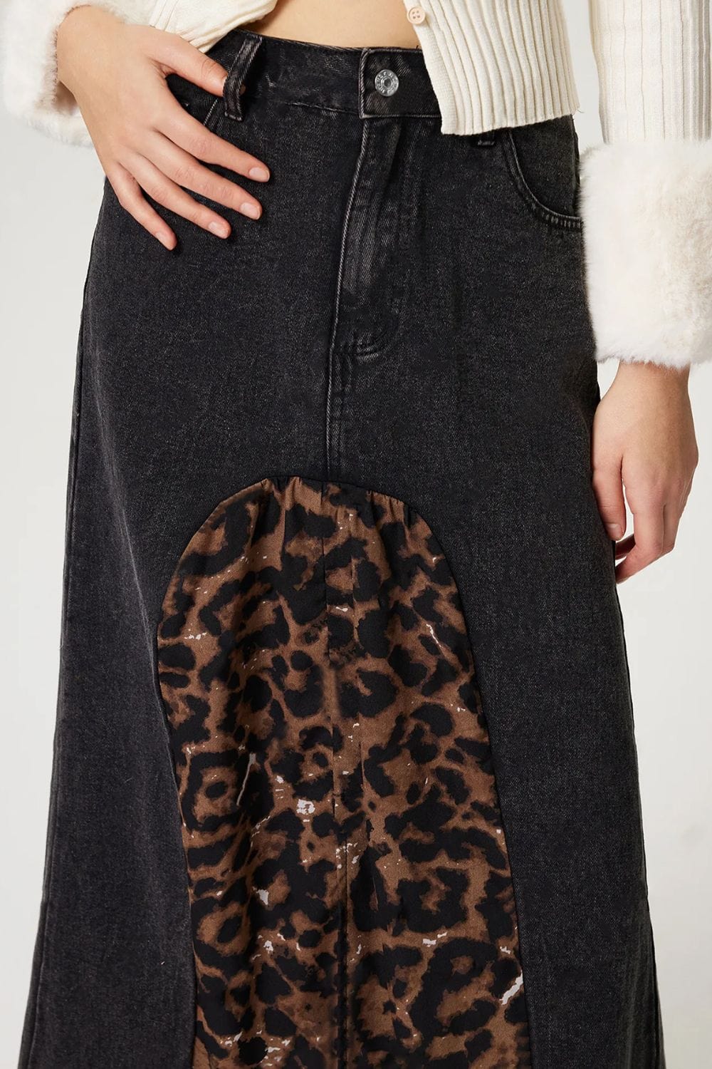 Trendsi Slit Leopard Midi Denim Skirt Slit Leopard Midi Denim Skirt Apparel &amp; Accessories &gt; Clothing &gt; Dresses