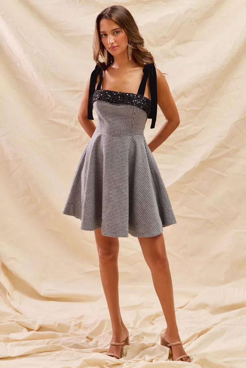Trendsi SO ME Houndstooth Fit Flare Mini Dress with Shoulder Tie SO ME Houndstooth Fit Flare Mini Dress with Shoulder Tie Apparel & Accessories > Clothing > Dresses
