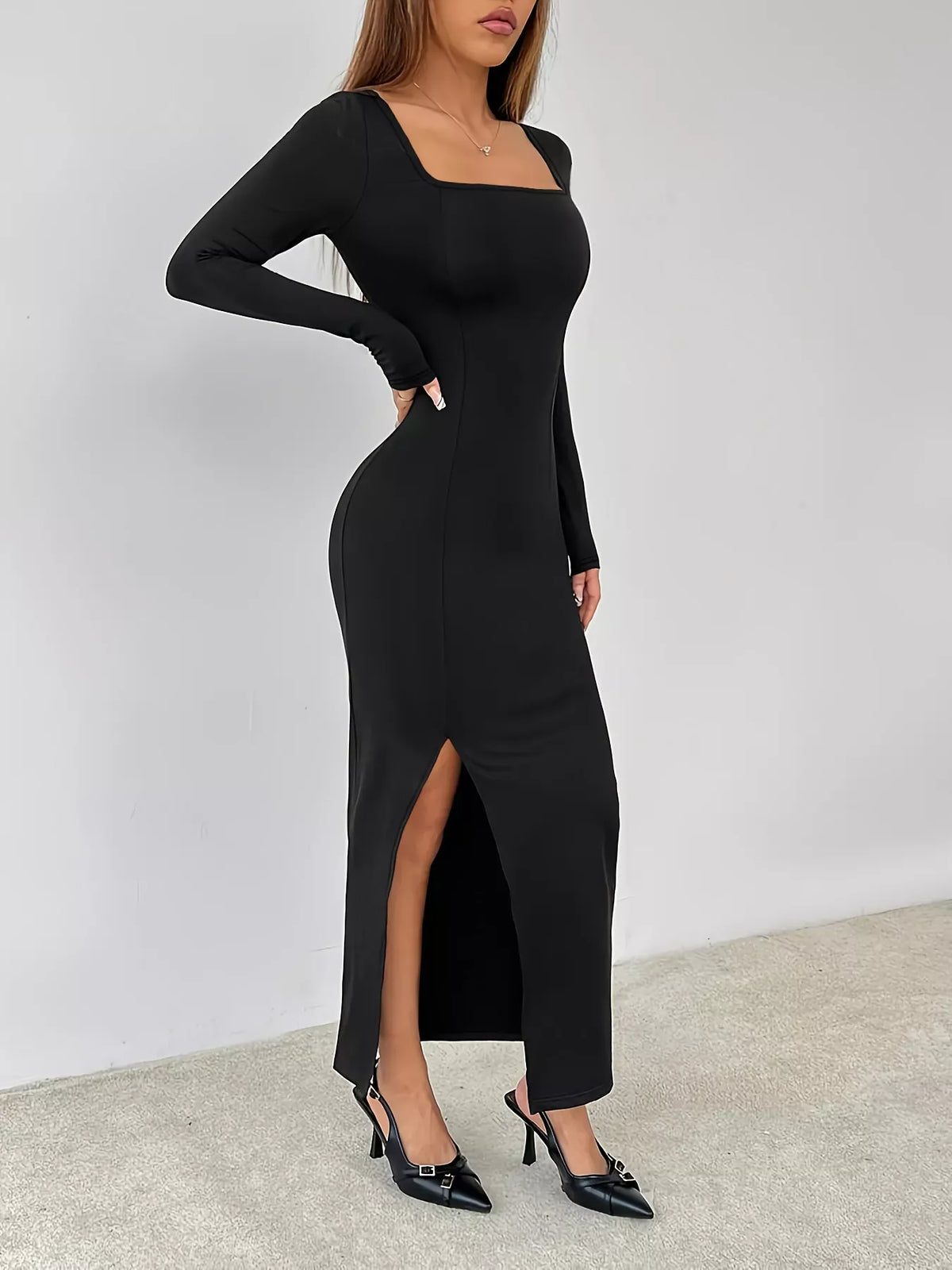 Trendsi Square Neck Long Sleeve Slit Bodycon Maxi Dress Square Neck Long Sleeve Slit Bodycon Maxi Dress Apparel & Accessories > Clothing > Dresses