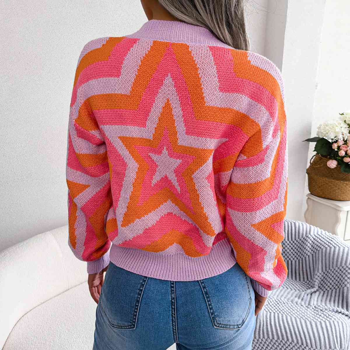 Trendsi Strawberry / S Star Round Neck Sweater 100100251223422 Apparel & Accessories > Clothing > Dresses