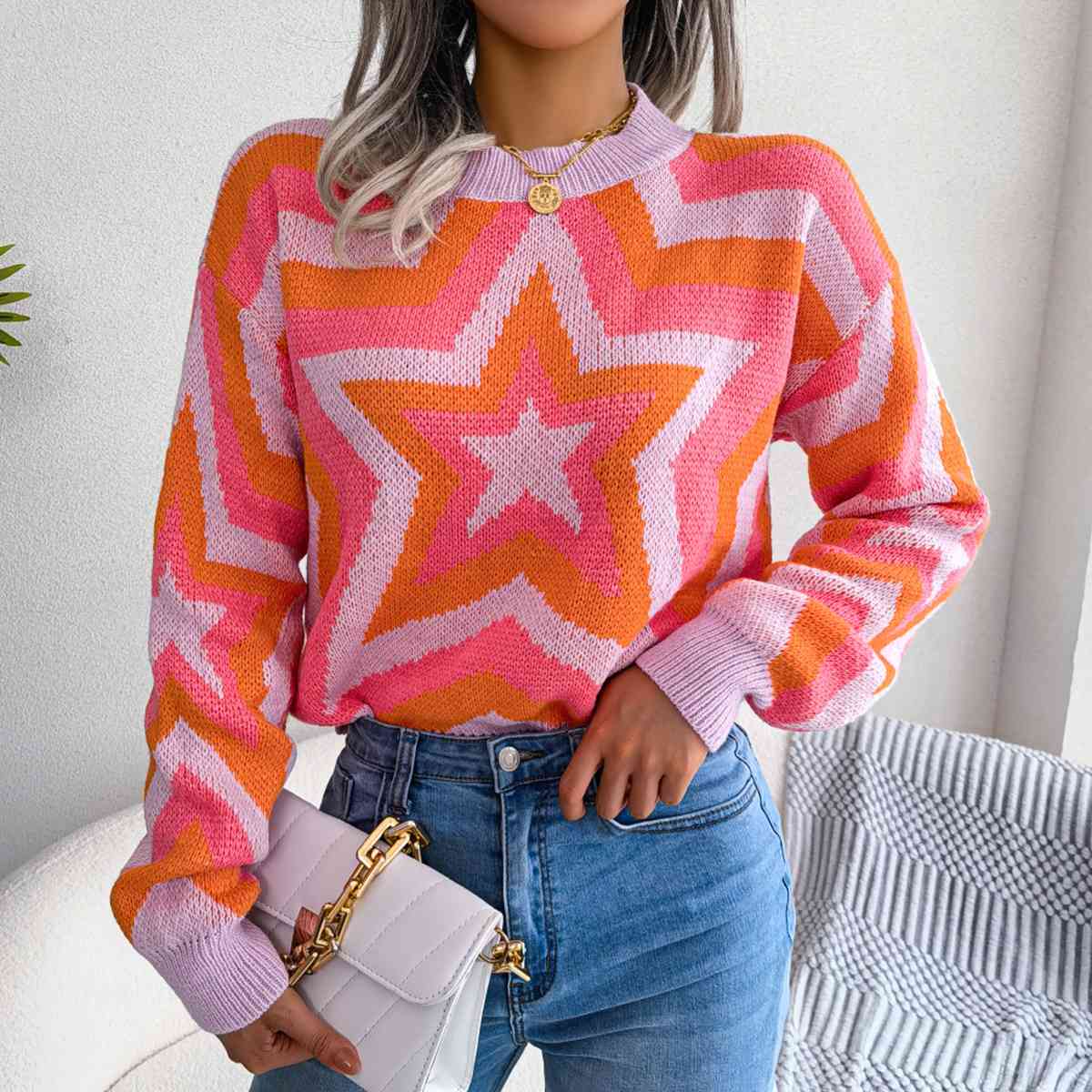 Trendsi Strawberry / S Star Round Neck Sweater 100100251223422 Apparel &amp; Accessories &gt; Clothing &gt; Dresses
