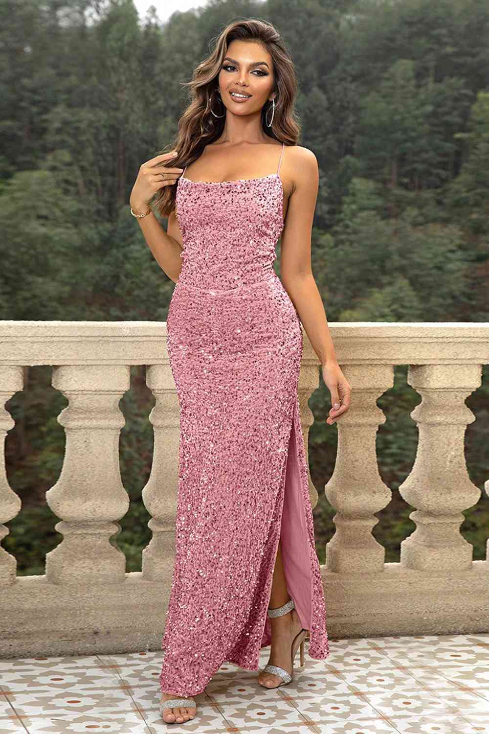 Trendsi Strawberry / XS Sequin Backless Split Maxi Dress 100101788631093 Apparel &amp; Accessories &gt; Clothing &gt; Dresses