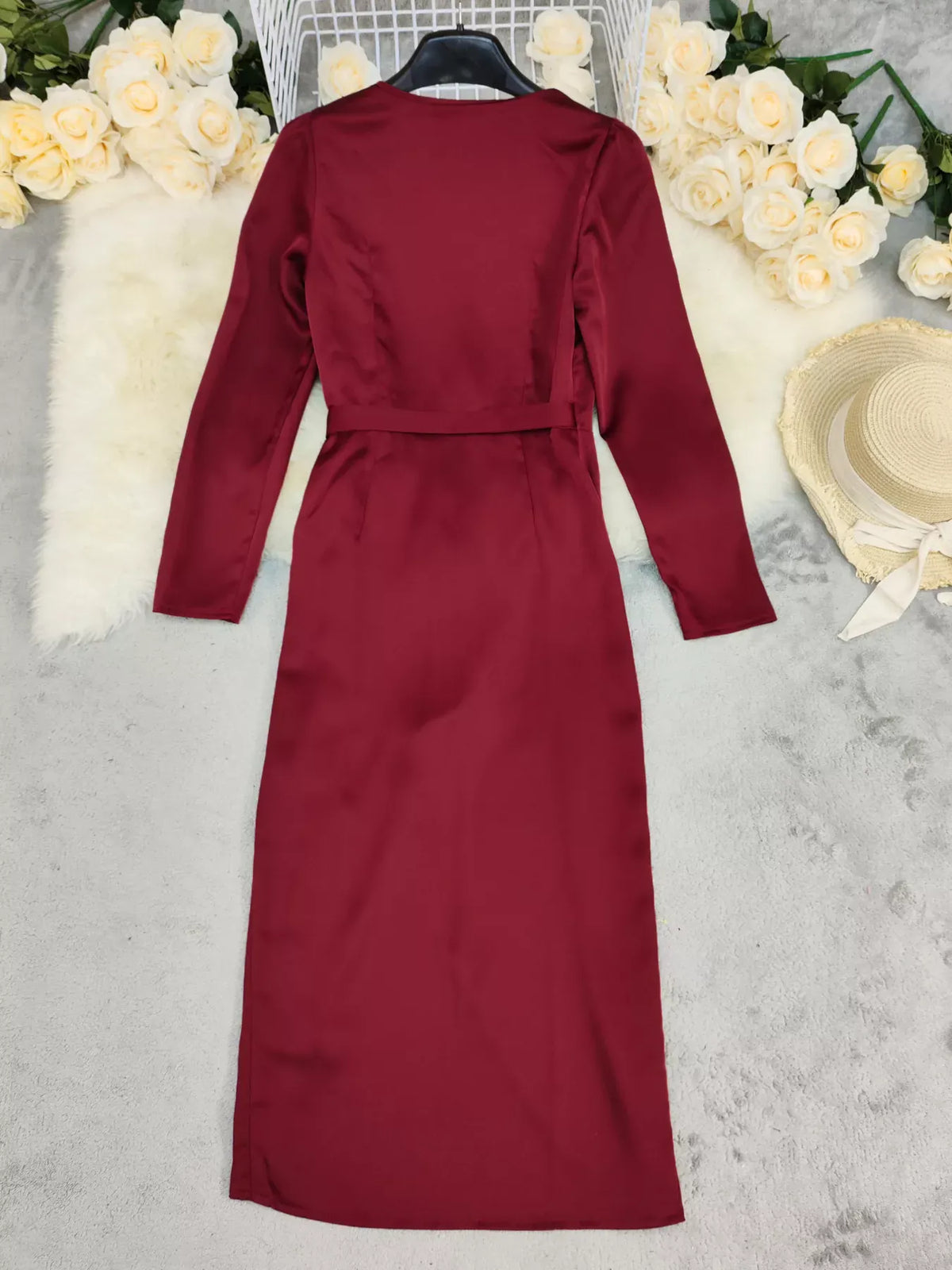 Trendsi Surplice Satin Long Sleeve Dress Surplice Satin Long Sleeve Dress Apparel & Accessories > Clothing > Dresses