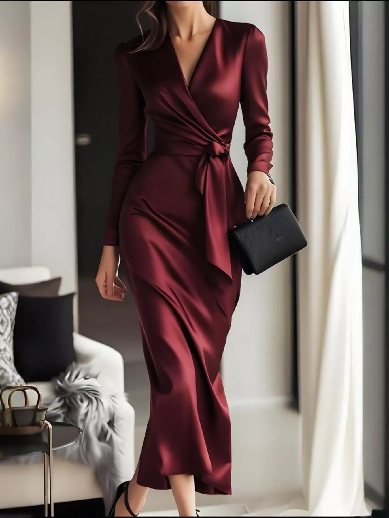 Trendsi Surplice Satin Long Sleeve Dress Surplice Satin Long Sleeve Dress Apparel & Accessories > Clothing > Dresses