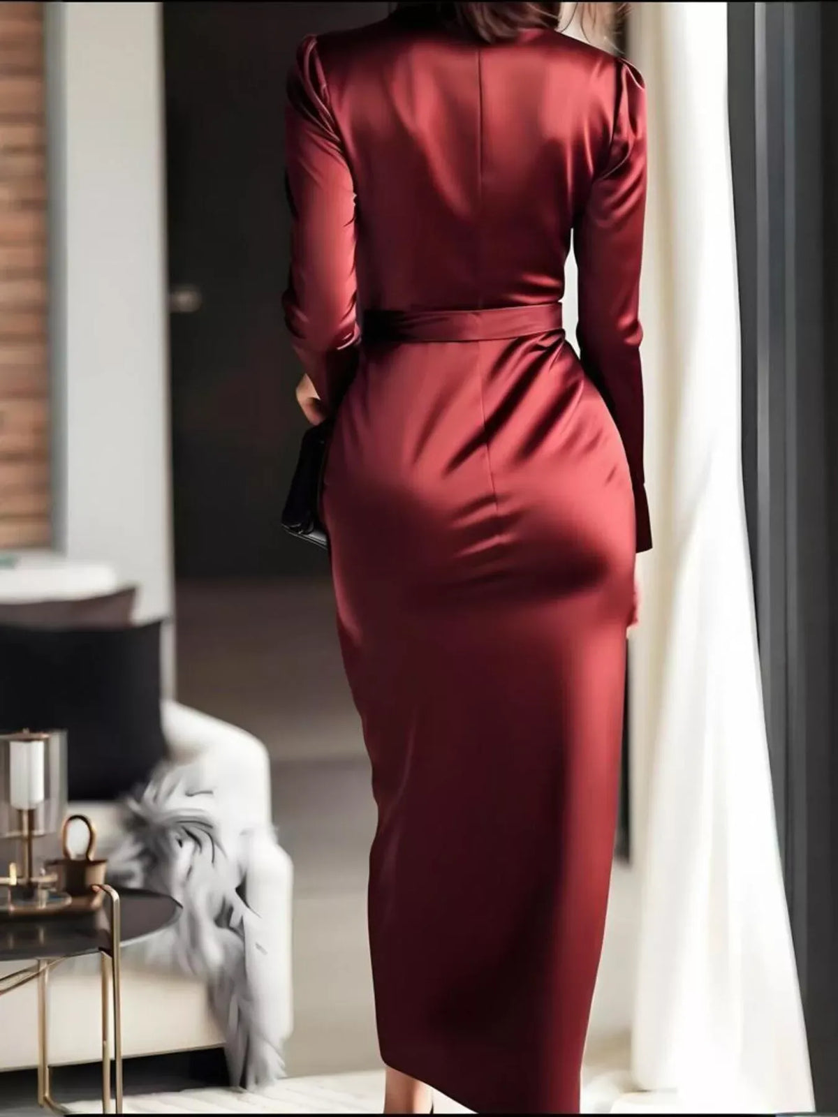Trendsi Surplice Satin Long Sleeve Dress Surplice Satin Long Sleeve Dress Apparel & Accessories > Clothing > Dresses