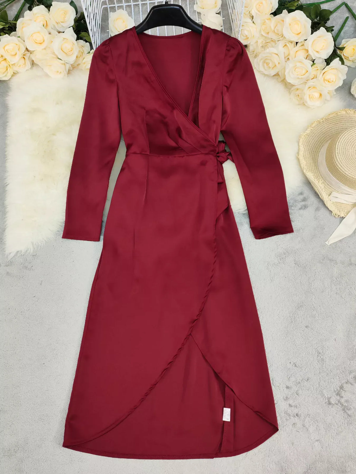 Trendsi Surplice Satin Long Sleeve Dress Surplice Satin Long Sleeve Dress Apparel & Accessories > Clothing > Dresses