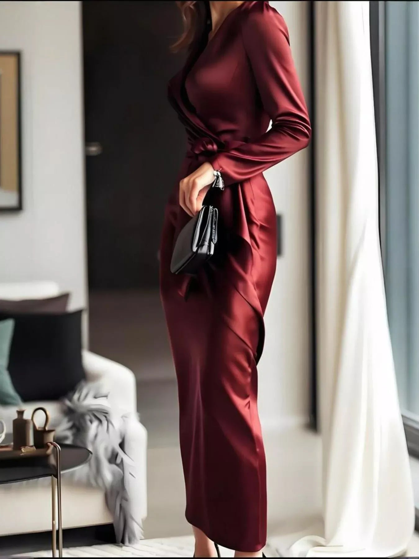 Trendsi Surplice Satin Long Sleeve Dress Surplice Satin Long Sleeve Dress Apparel & Accessories > Clothing > Dresses