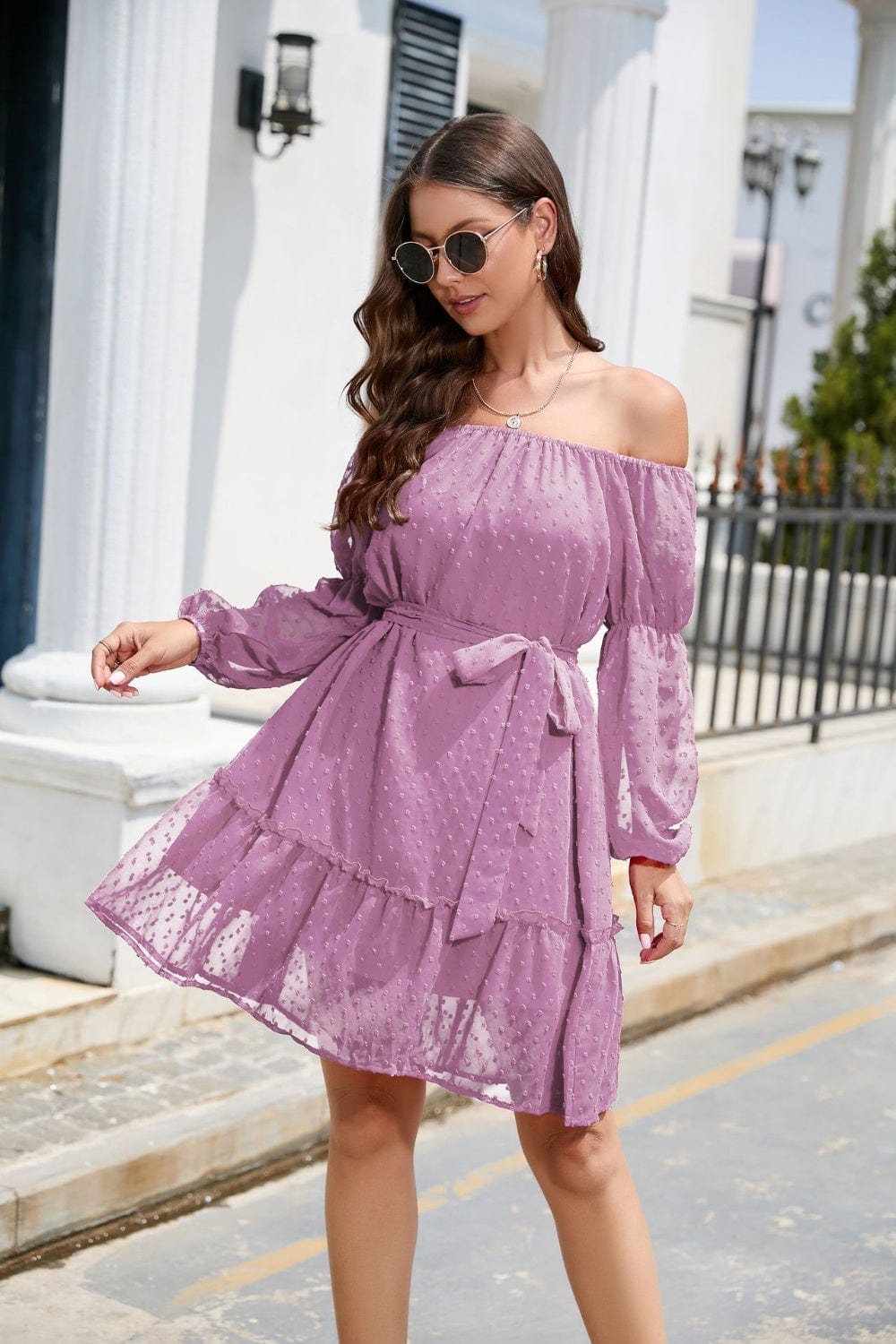 Trendsi Swiss Dot Off-Shoulder Balloon Sleeve Dress Apparel &amp; Accessories &gt; Clothing &gt; Dresses