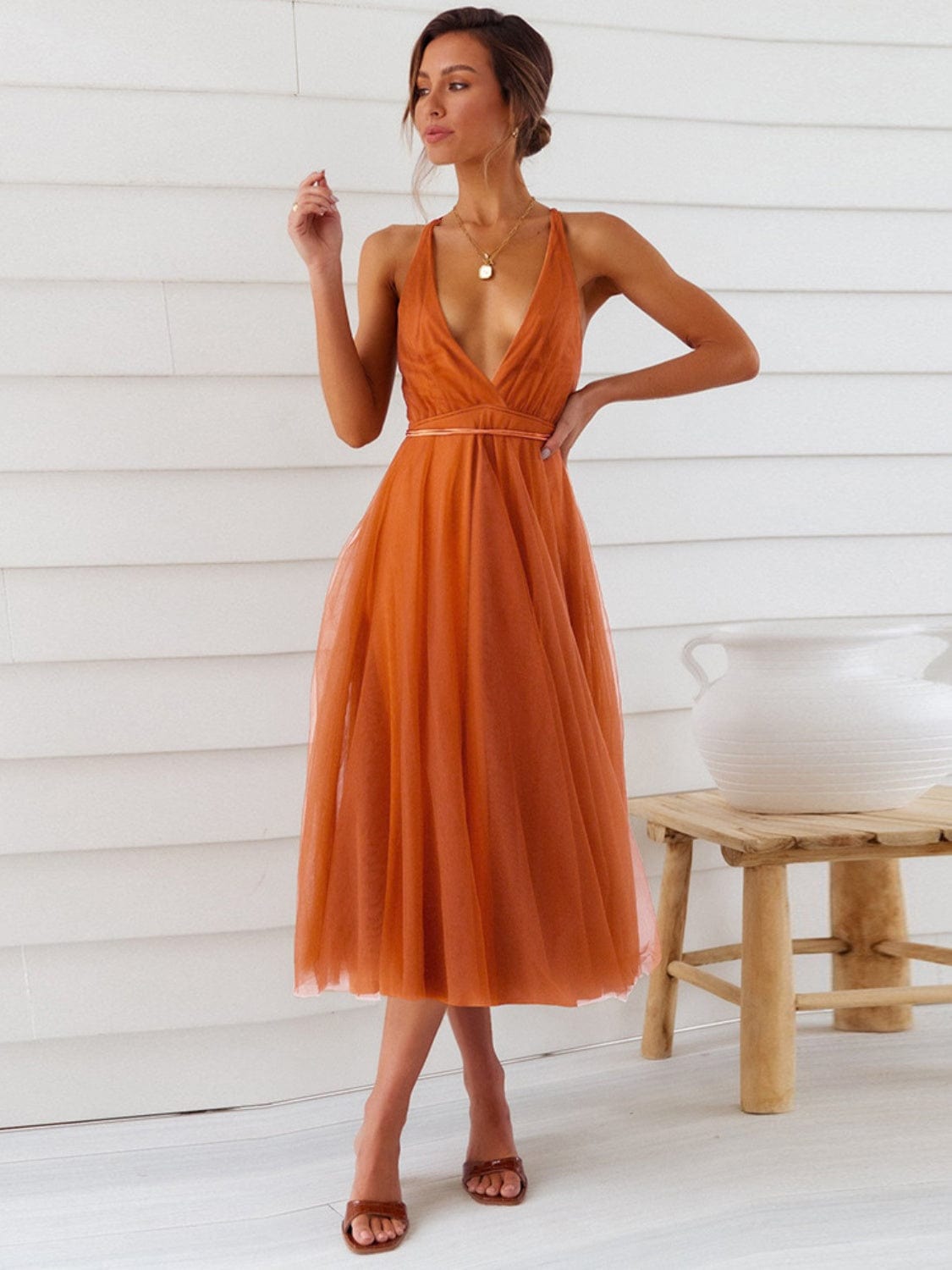 Trendsi Terracotta / S Backless Crisscross Sleeveless Midi Dress 100100705598106 Apparel &amp; Accessories &gt; Clothing &gt; Dresses