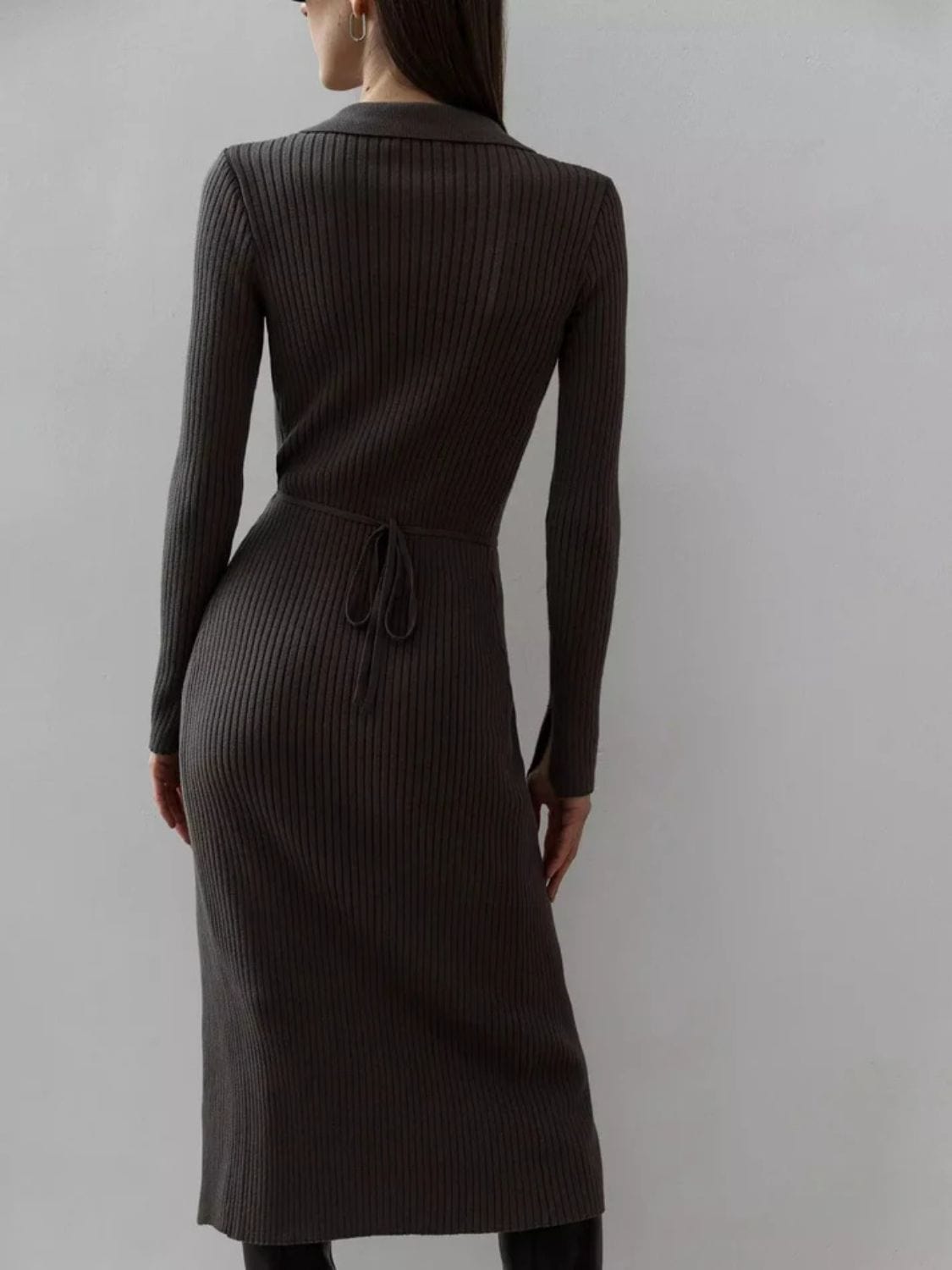 Trendsi Tied Collared Neck Long Sleeve Sweater Dress Tied Collared Neck Long Sleeve Sweater Dress Apparel &amp; Accessories &gt; Clothing &gt; Dresses