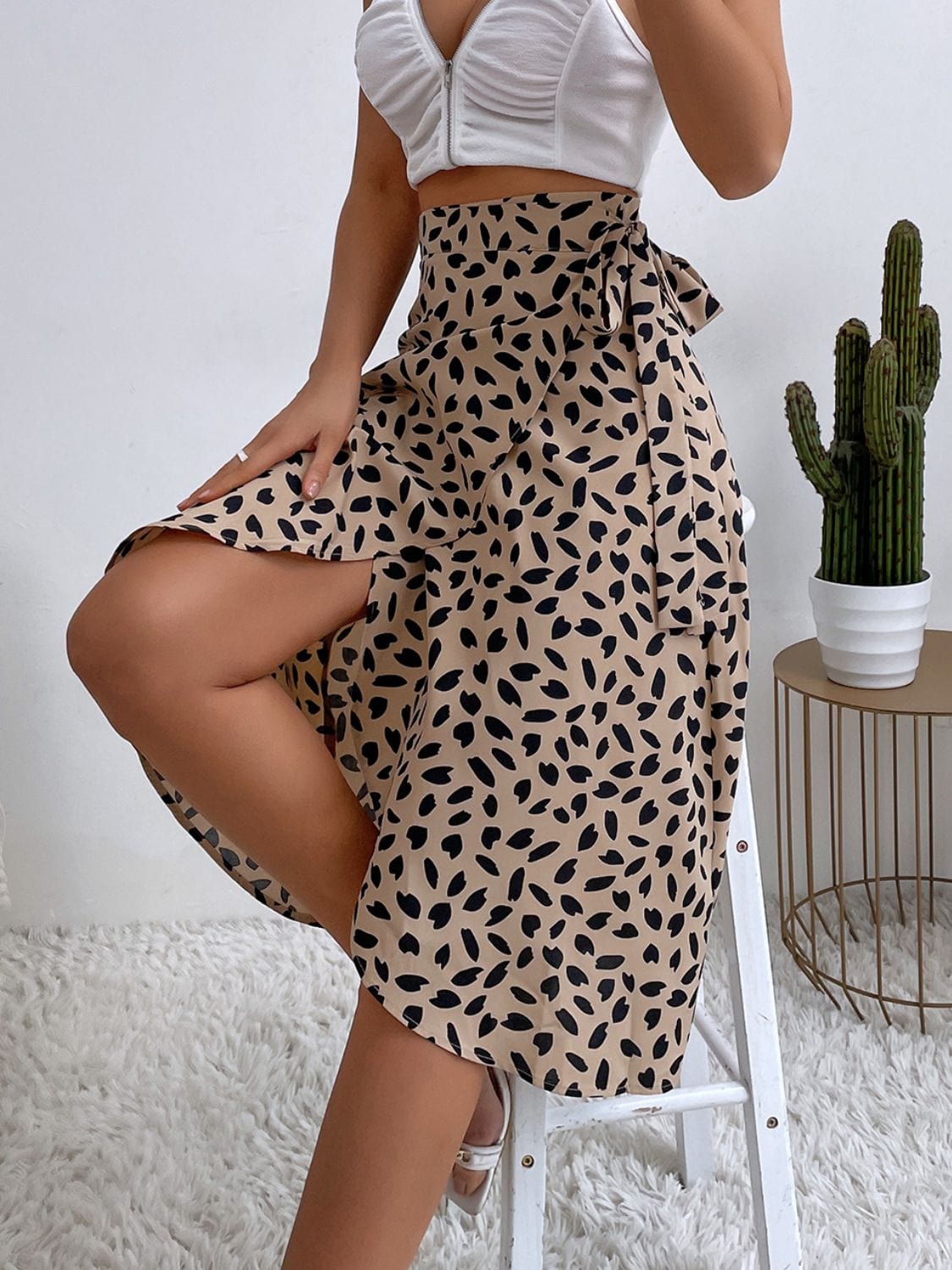 Trendsi Tan / S Tied Slit Printed Skirt 100100824071466 Tied Slit Printed Skirt Apparel & Accessories > Clothing > Dresses