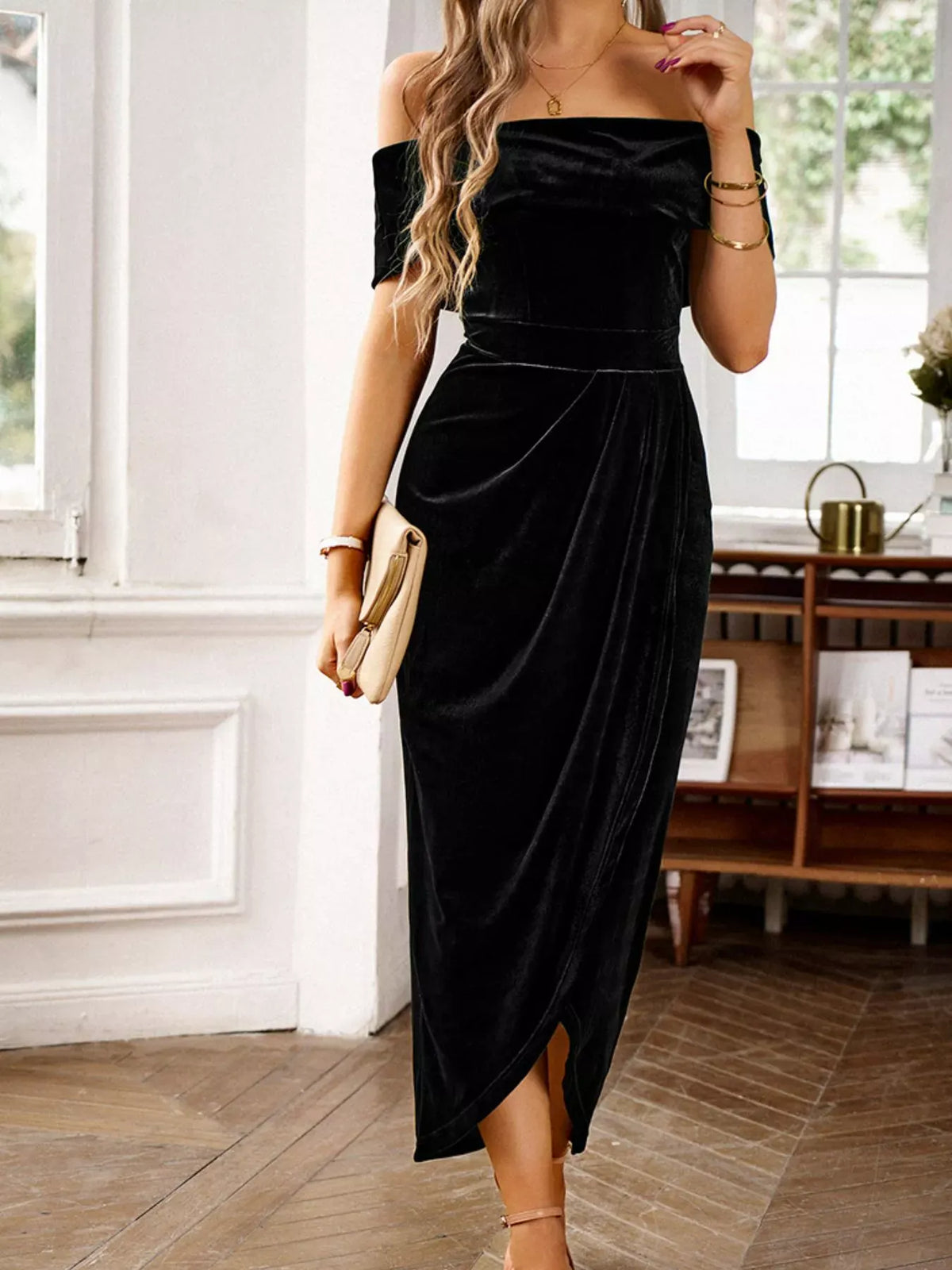 Trendsi Velvet Off-Shoulder Ruched Midi Dress Velvet Off-Shoulder Ruched Midi Dress Apparel & Accessories > Clothing > Dresses