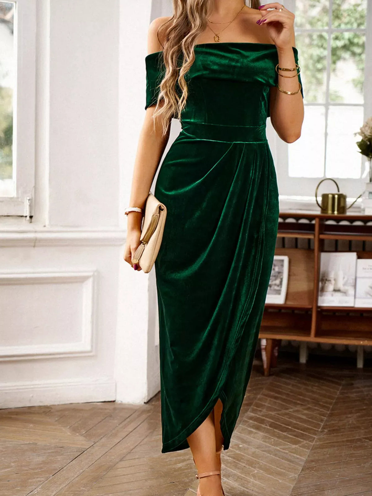 Trendsi Velvet Off-Shoulder Ruched Midi Dress Velvet Off-Shoulder Ruched Midi Dress Apparel & Accessories > Clothing > Dresses