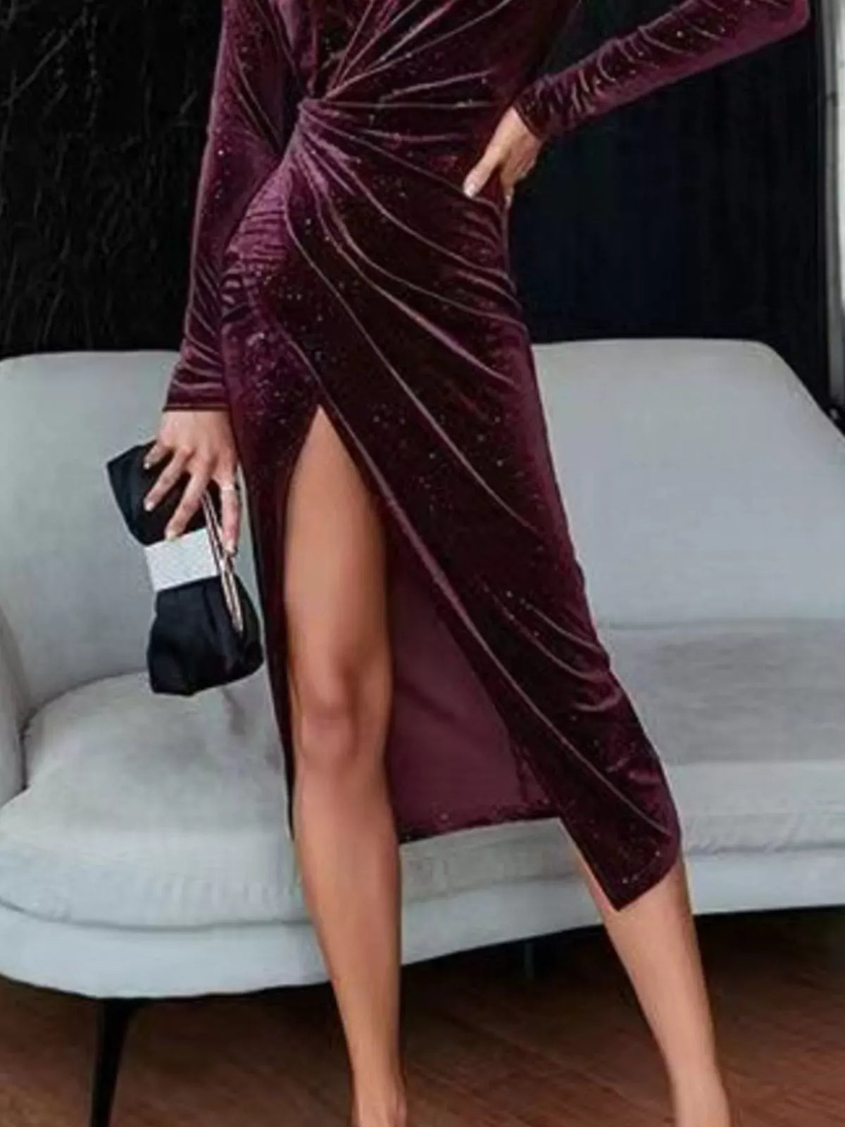 Trendsi Velvet Ruched Slit Midi Dress Velvet Ruched Slit Midi Dress Apparel & Accessories > Clothing > Dresses